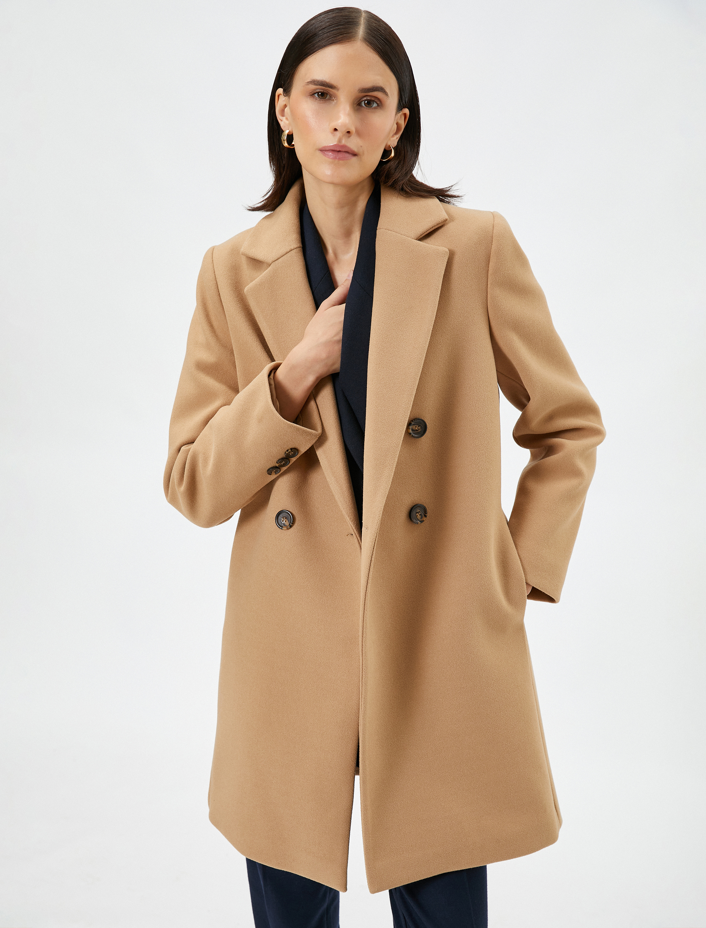   Kaşe Kaban Kruvaze Düğmeli Cep Detaylı Astarlı