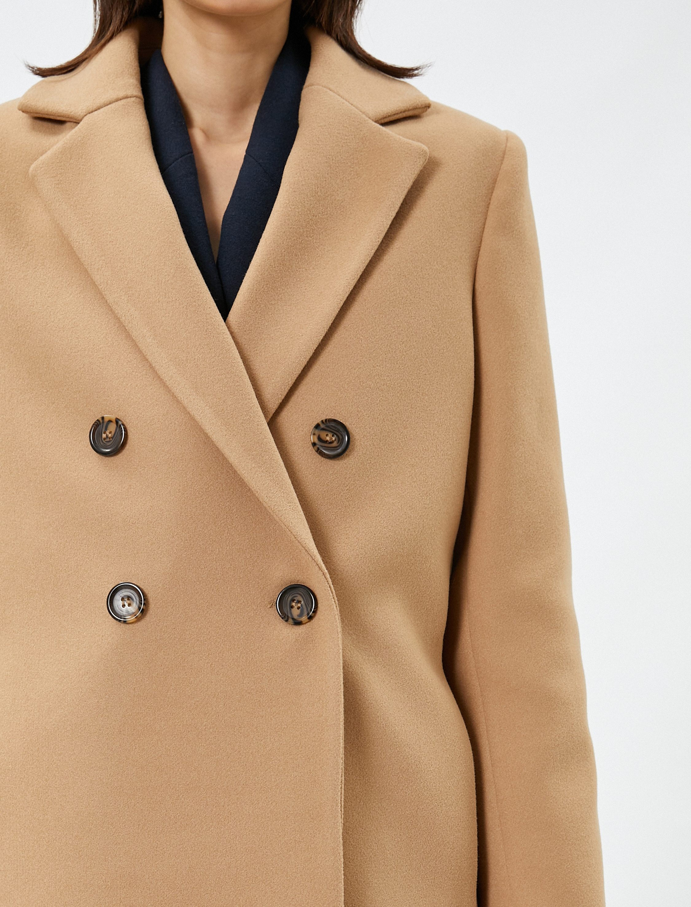   Kaşe Kaban Kruvaze Düğmeli Cep Detaylı Astarlı