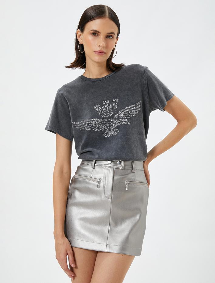  Parlak Taş İşlemeli Tişört Bisiklet Yaka Kısa Kollu Yıkamalı Pamuklu