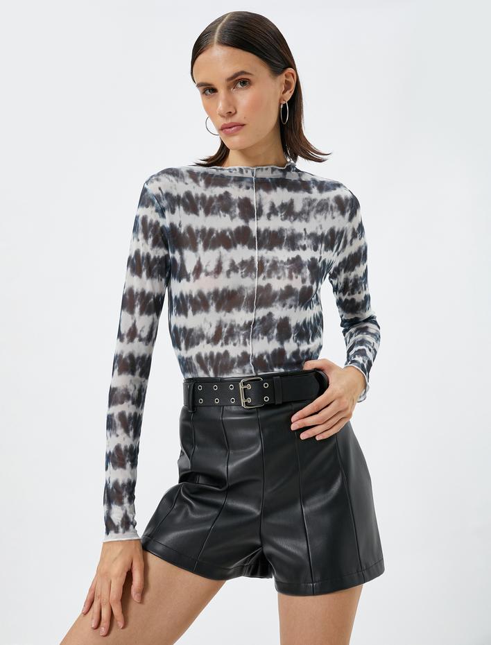  Uzun Kollu Tişört Batik Desenli Slim Fit