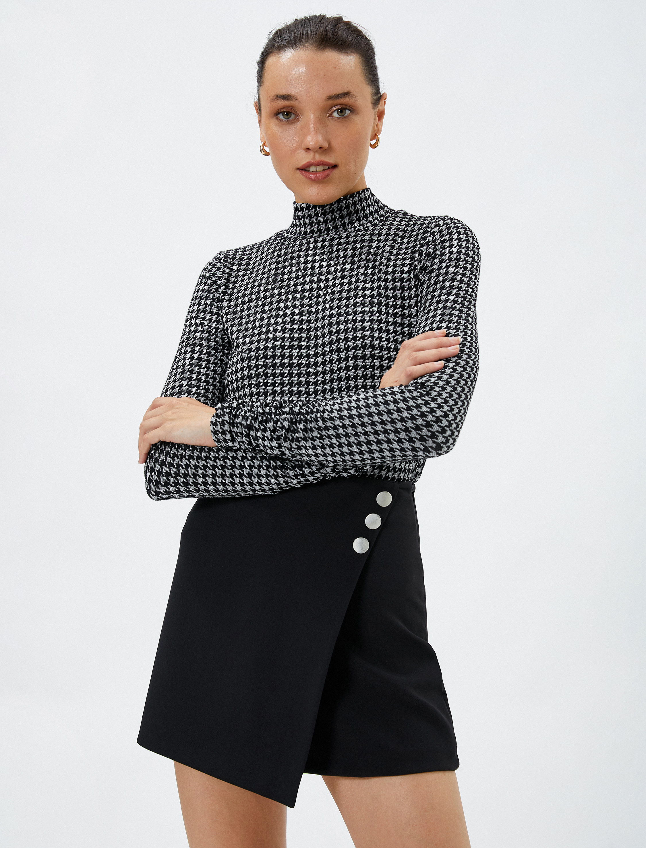   Uzun Kollu Tişört Yarım Balıkçı Yaka Kazayağı Desenli