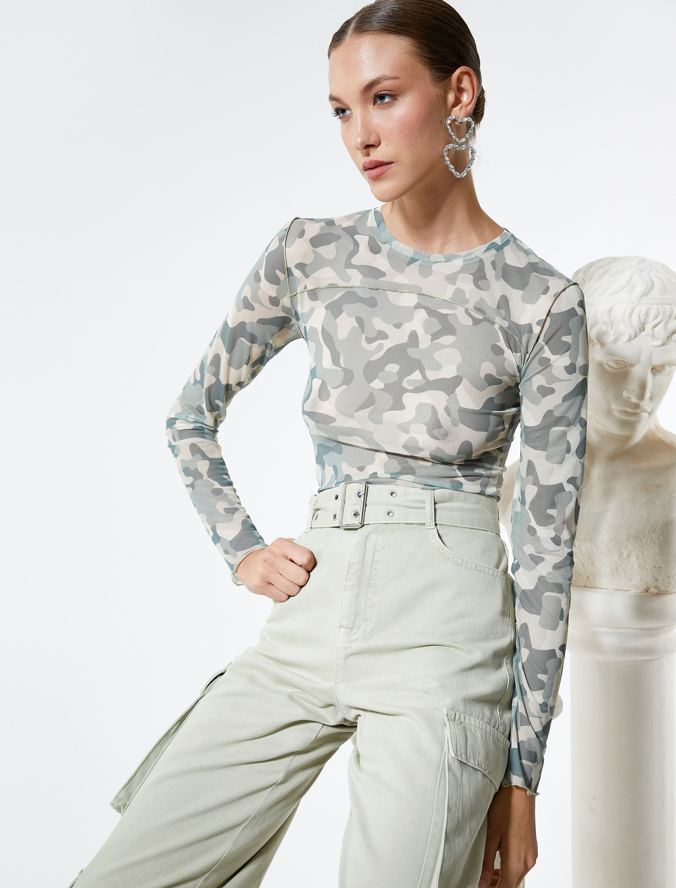   Uzun Kollu Tişört Bisiklet Yaka Slim Fit Kamuflaj Desenli