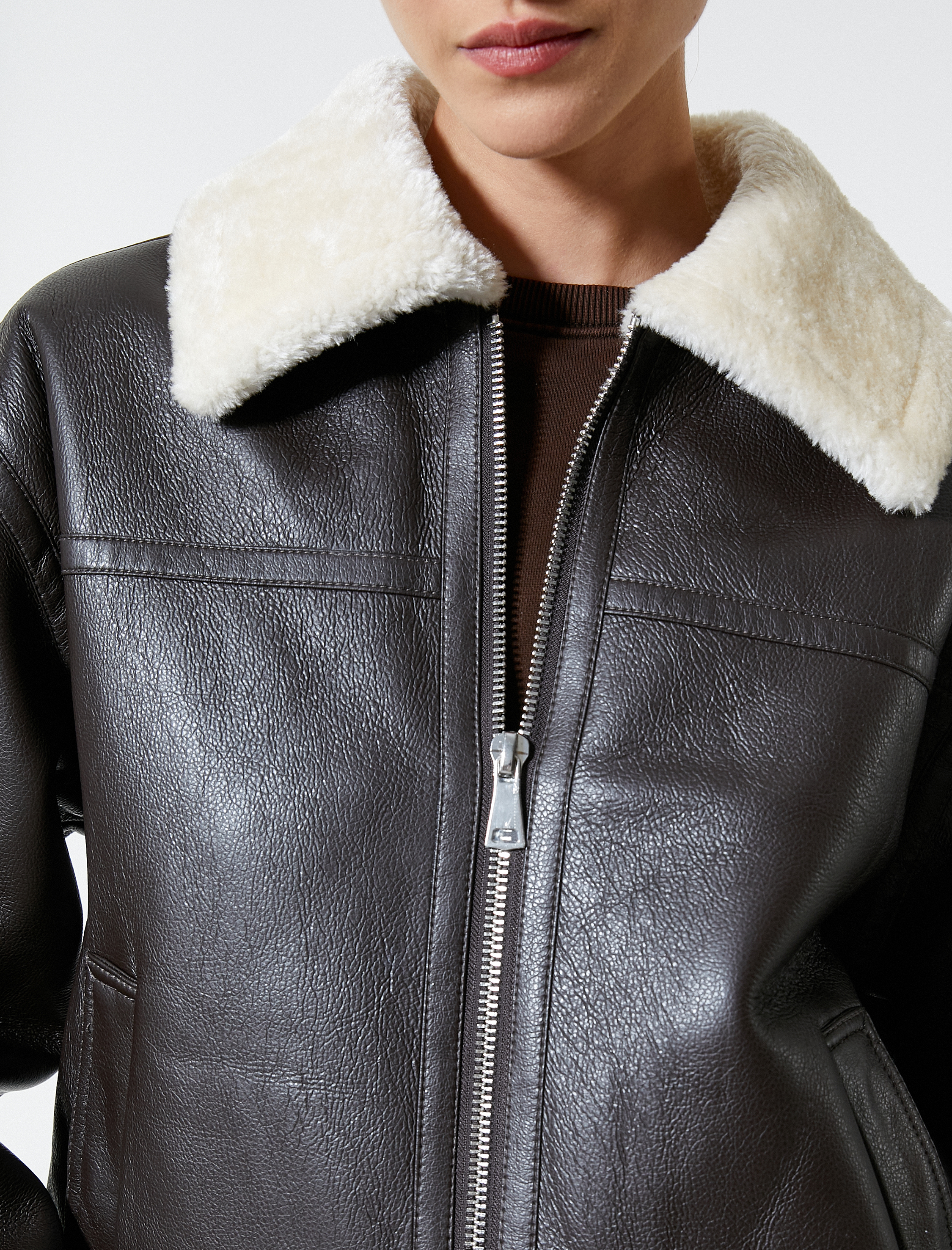   Biker Ceket Suni Deri Peluş Detaylı Cepli