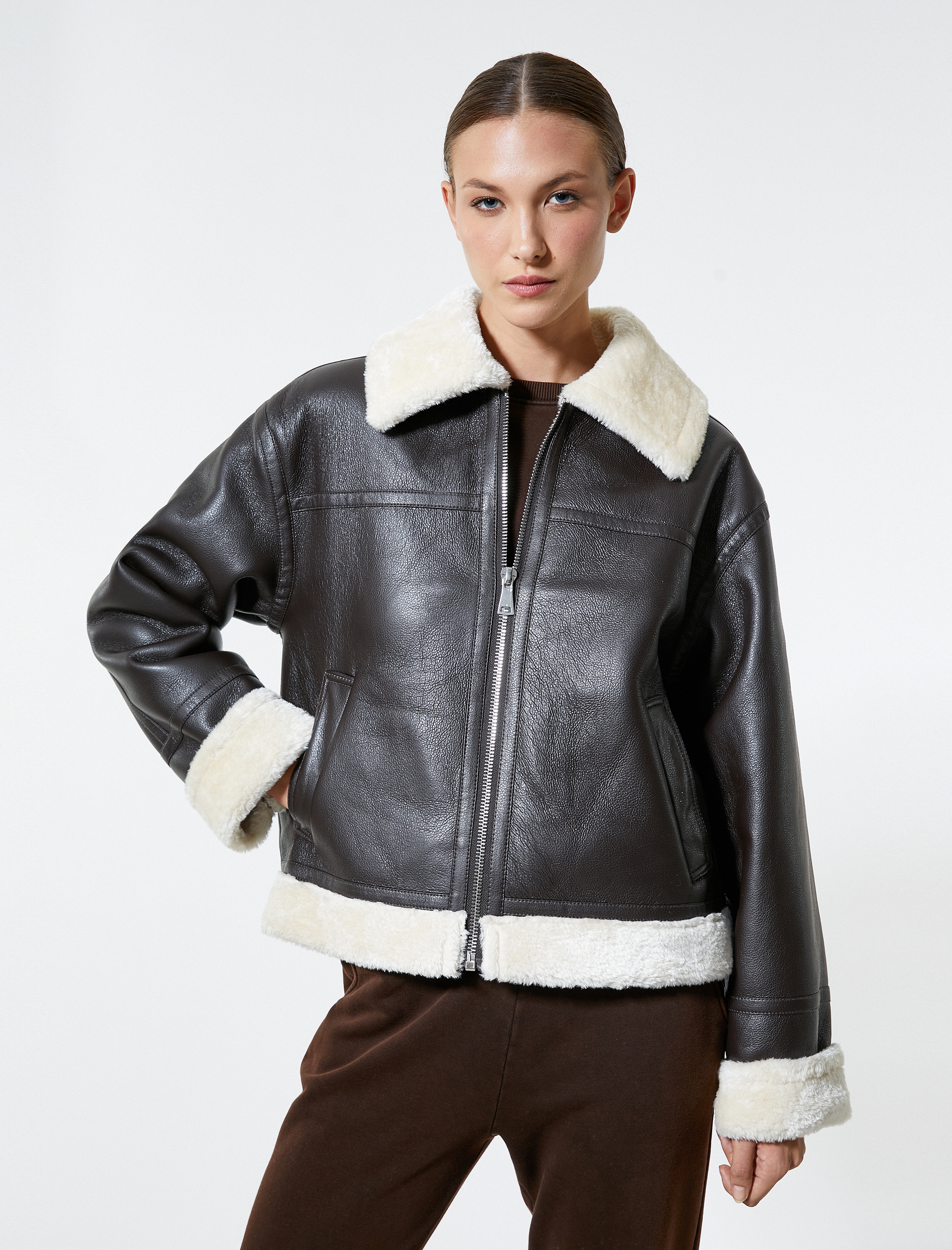   Biker Ceket Suni Deri Peluş Detaylı Cepli