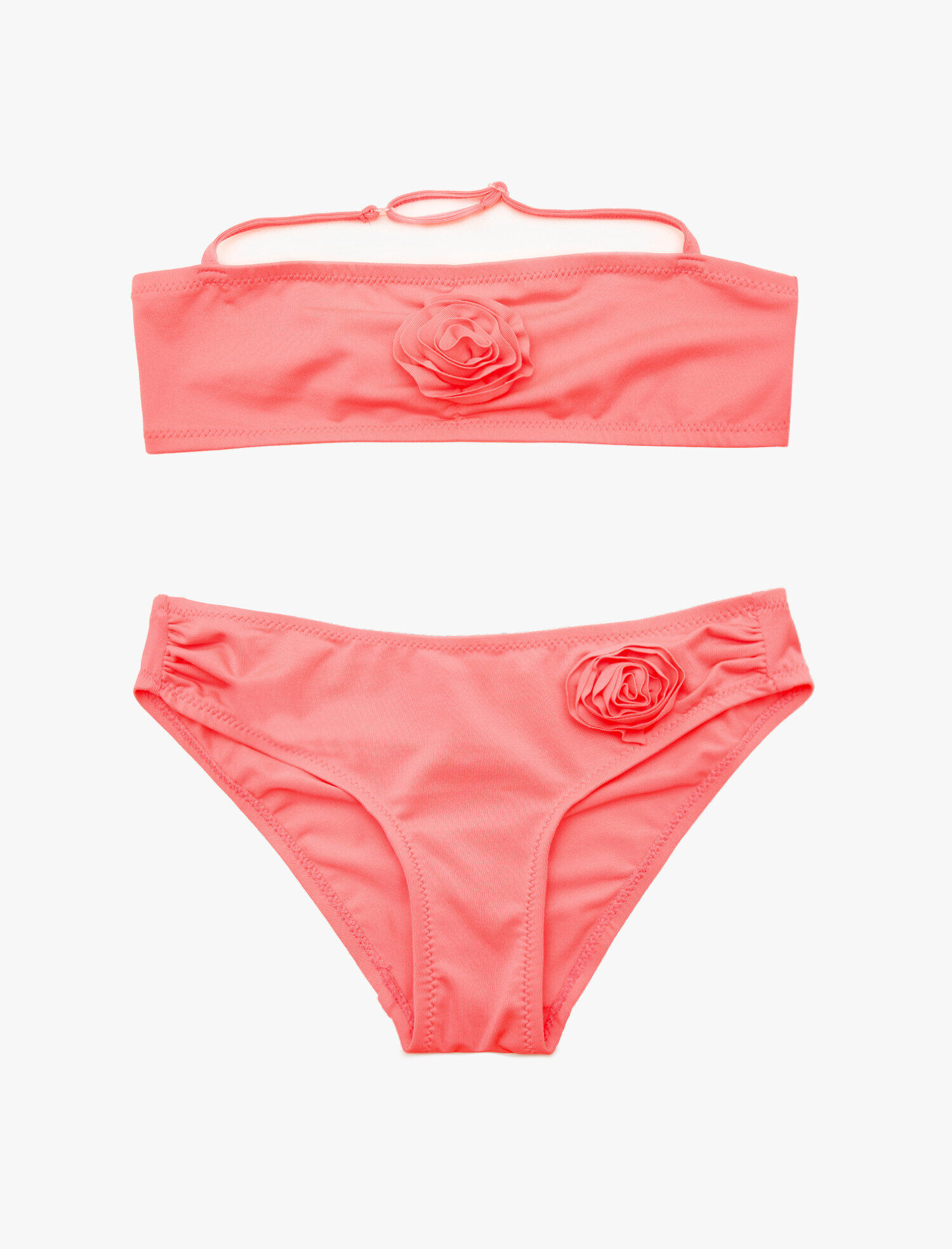  Kız Çocuk Bikini Takımı Boyundan Ayarlanabilir İnce Askılı Çiçek Aplike Detaylı