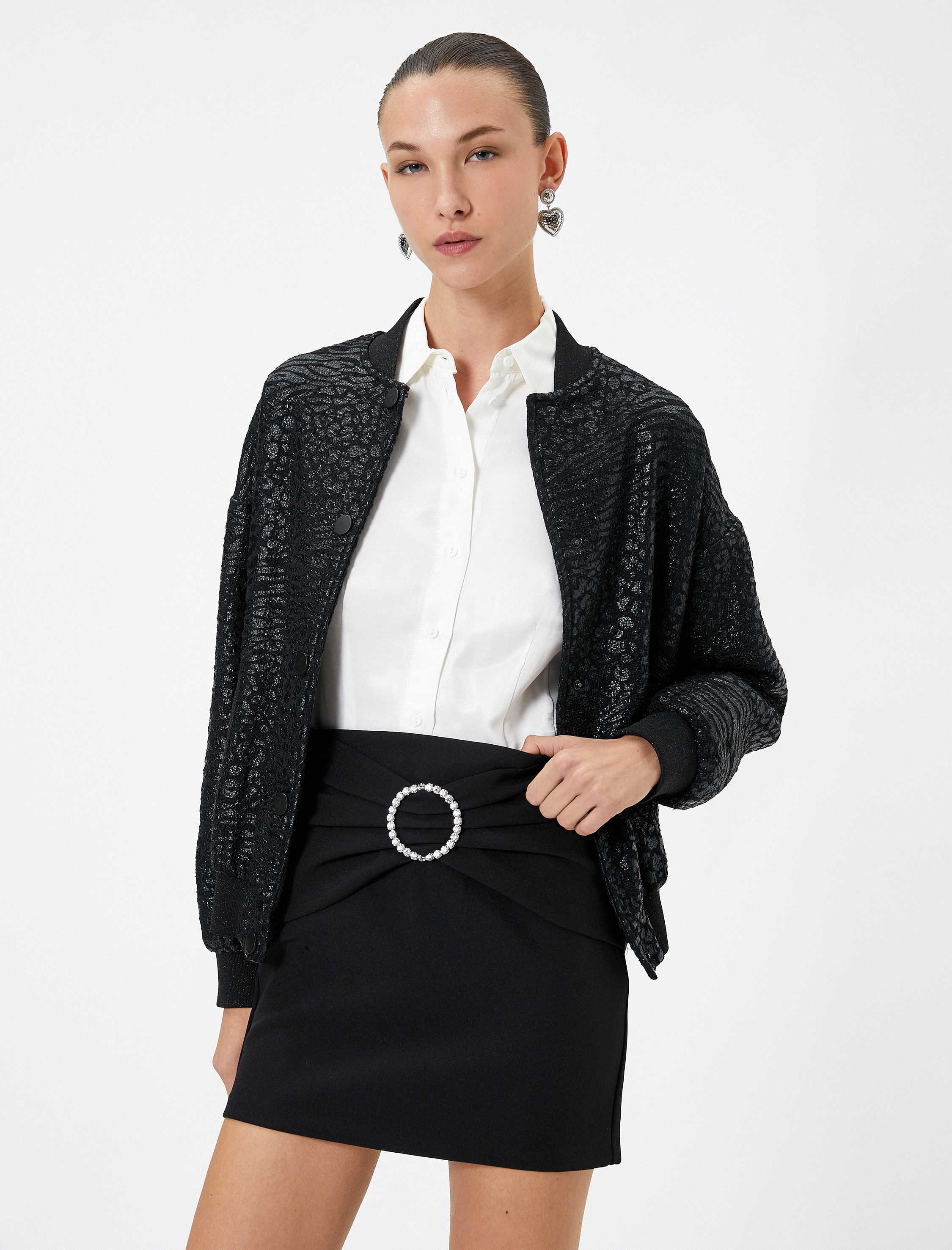   Fiyonklu Taşlı Tokalı Mini Etek