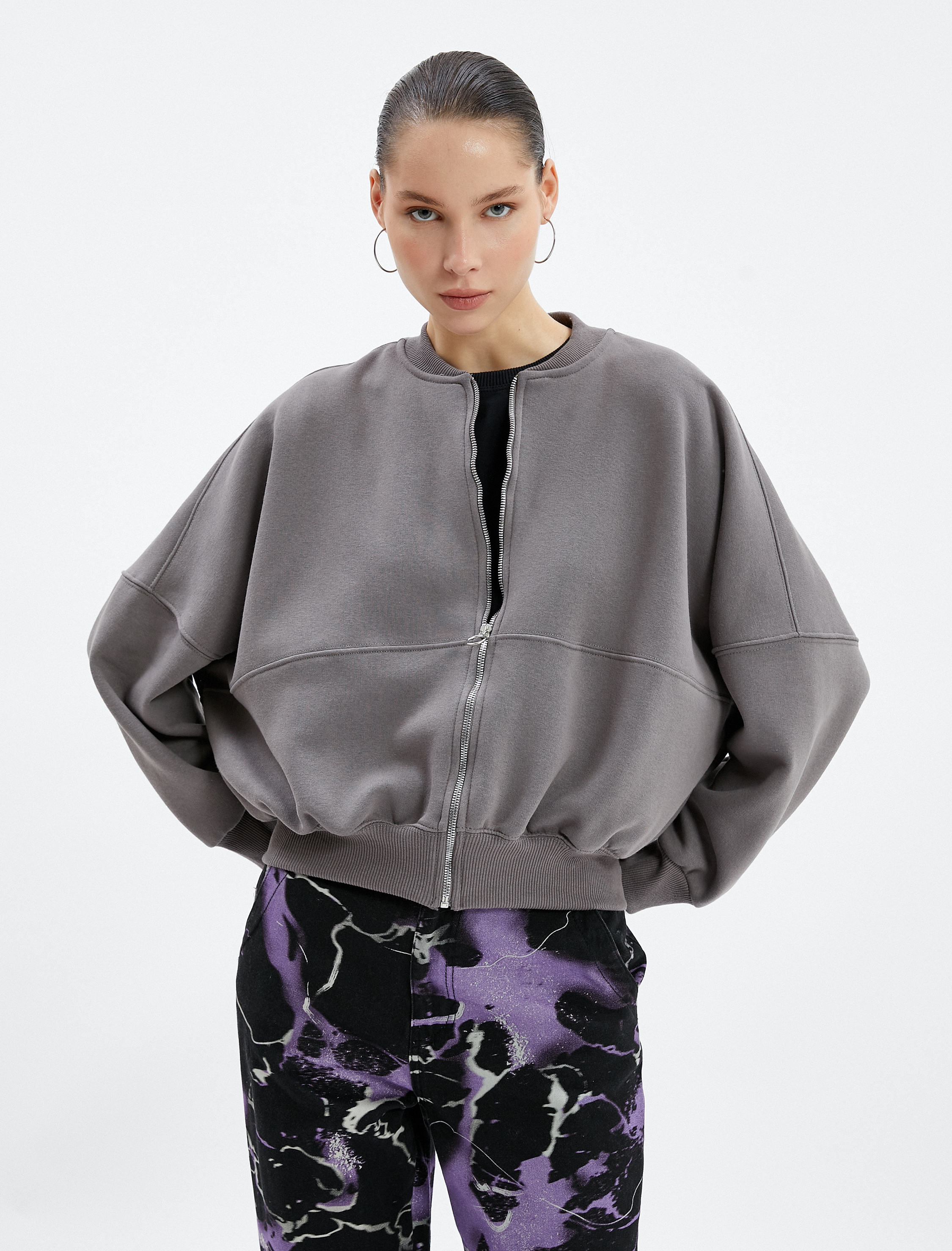   Şardonlu Fermuarlı Sweatshirt Yuvarlak Yaka Dökümlü Uzun Kol Rahat Kesim