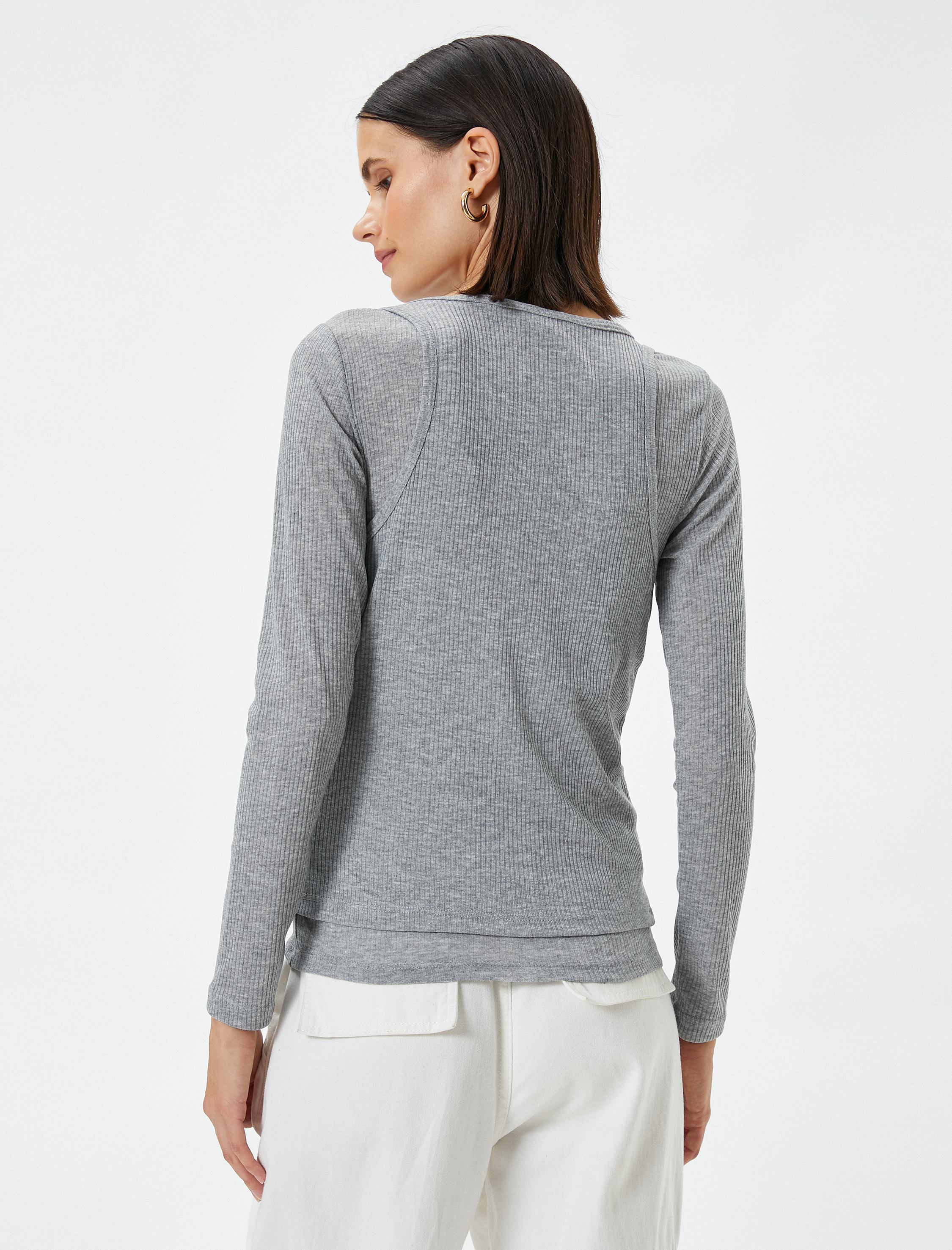   Uzun Kollu Tişört Bisiklet Yaka Çift Parça Görünümlü