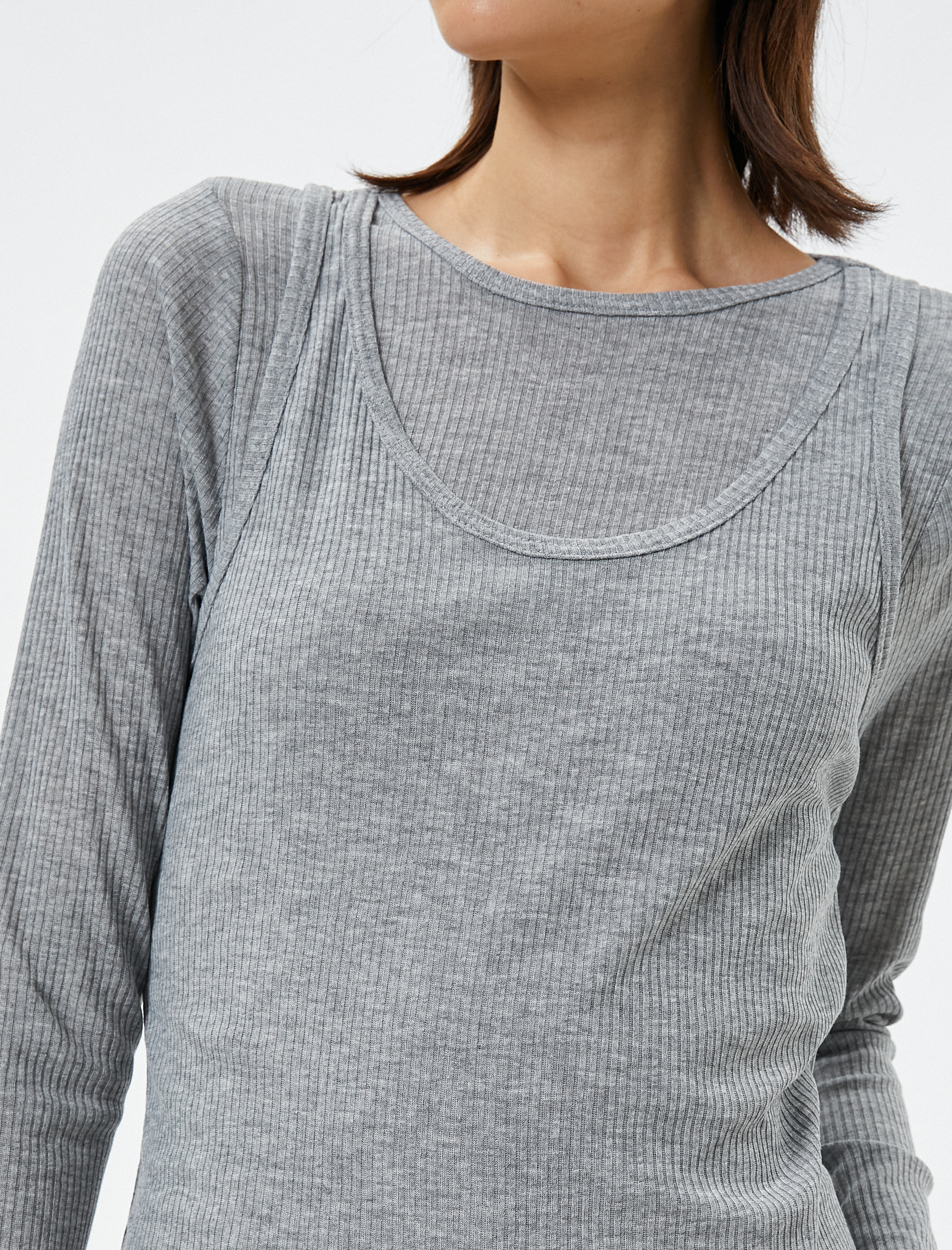   Uzun Kollu Tişört Bisiklet Yaka Çift Parça Görünümlü