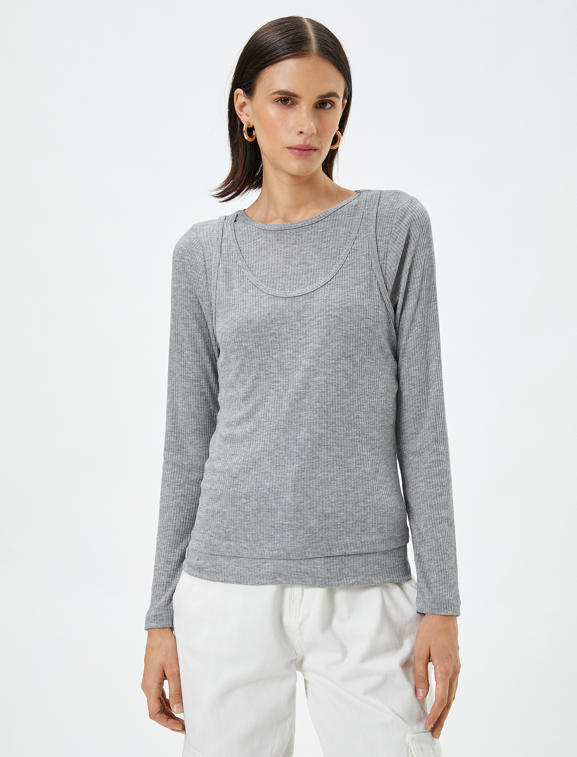   Uzun Kollu Tişört Bisiklet Yaka Çift Parça Görünümlü