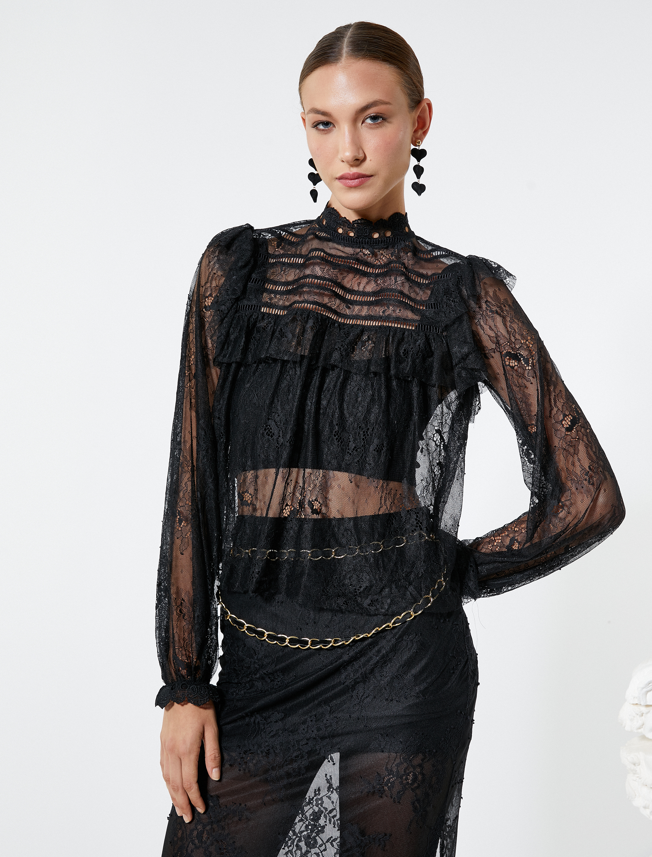   Dantelli Bluz Dik Yaka Fırfırlı Balon Kollu Transparan