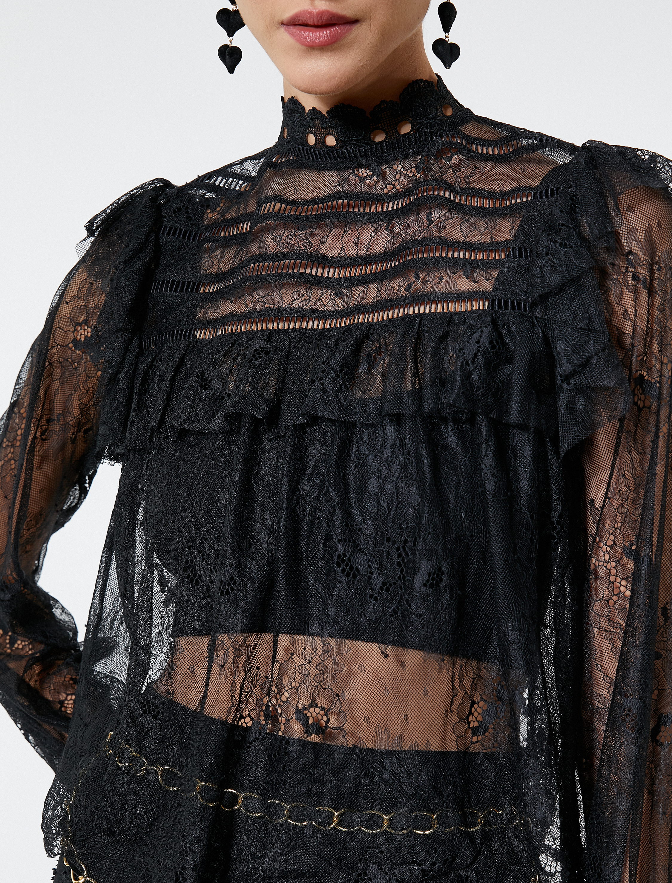   Dantelli Bluz Dik Yaka Fırfırlı Balon Kollu Transparan