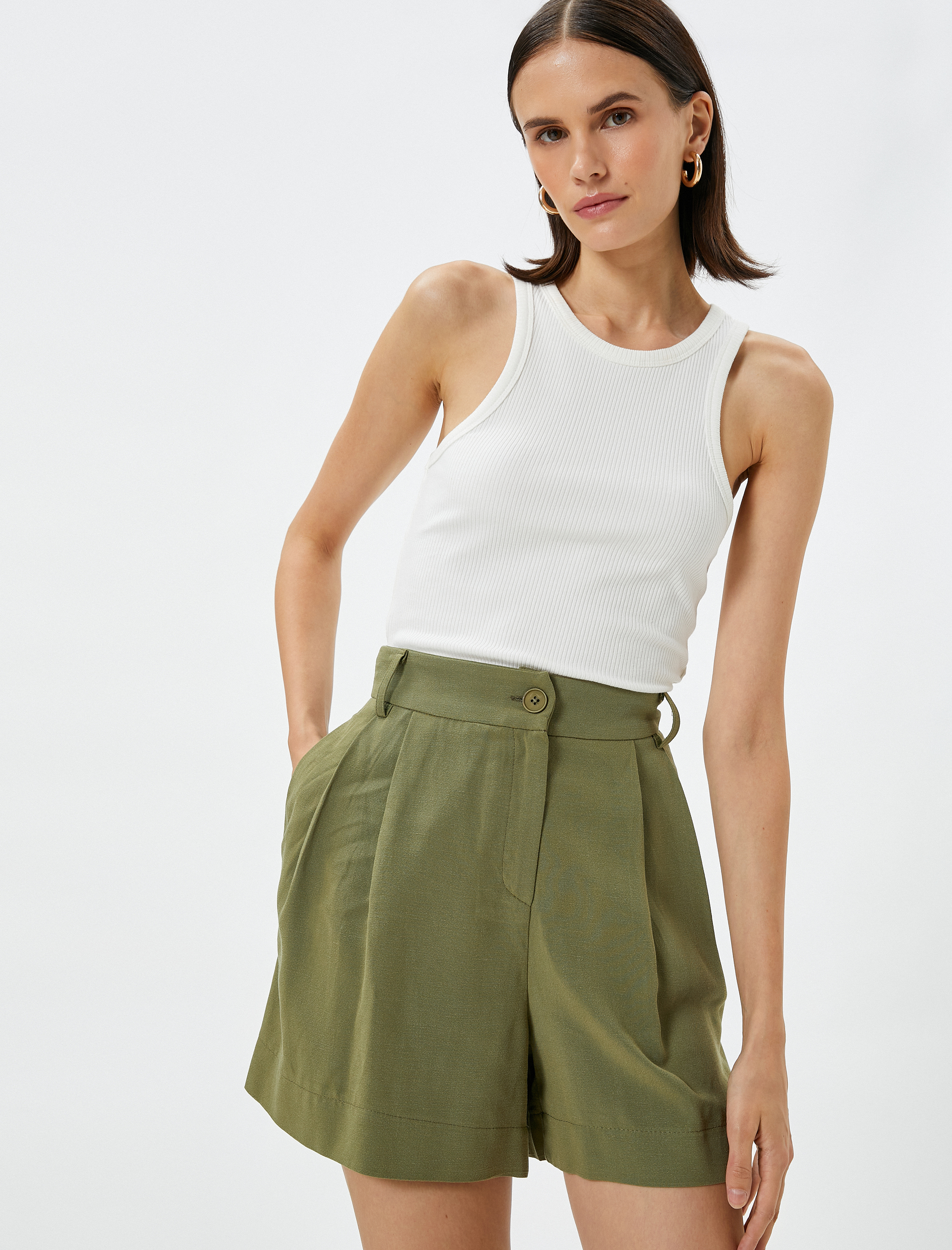   Mini Şort Yüksek Bel Cep Detaylı Düğmeli Viskon Karışımlı