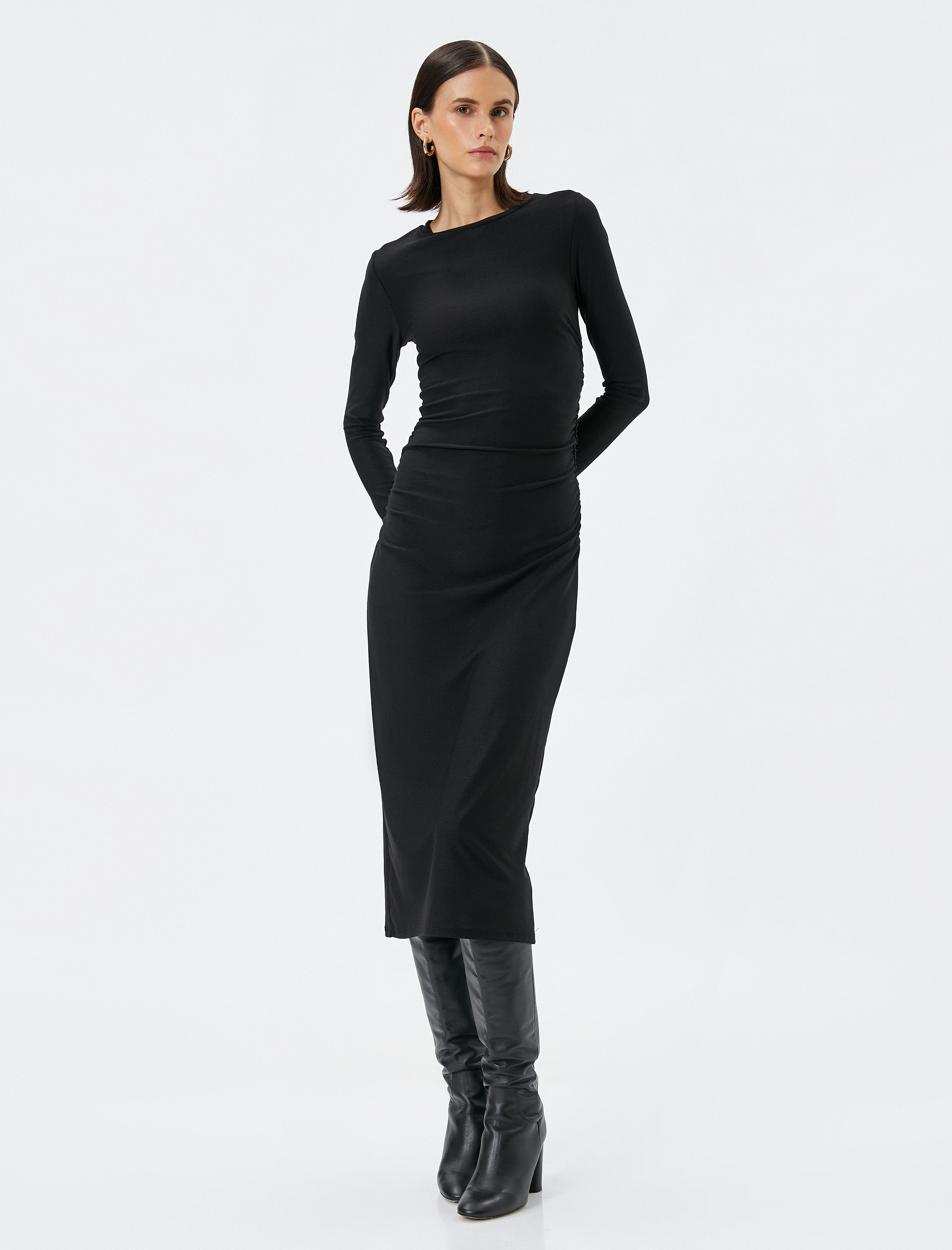 Koton Kadın Midi Kalem Elbise Uzun Kollu Bisiklet Yaka Slim Fit