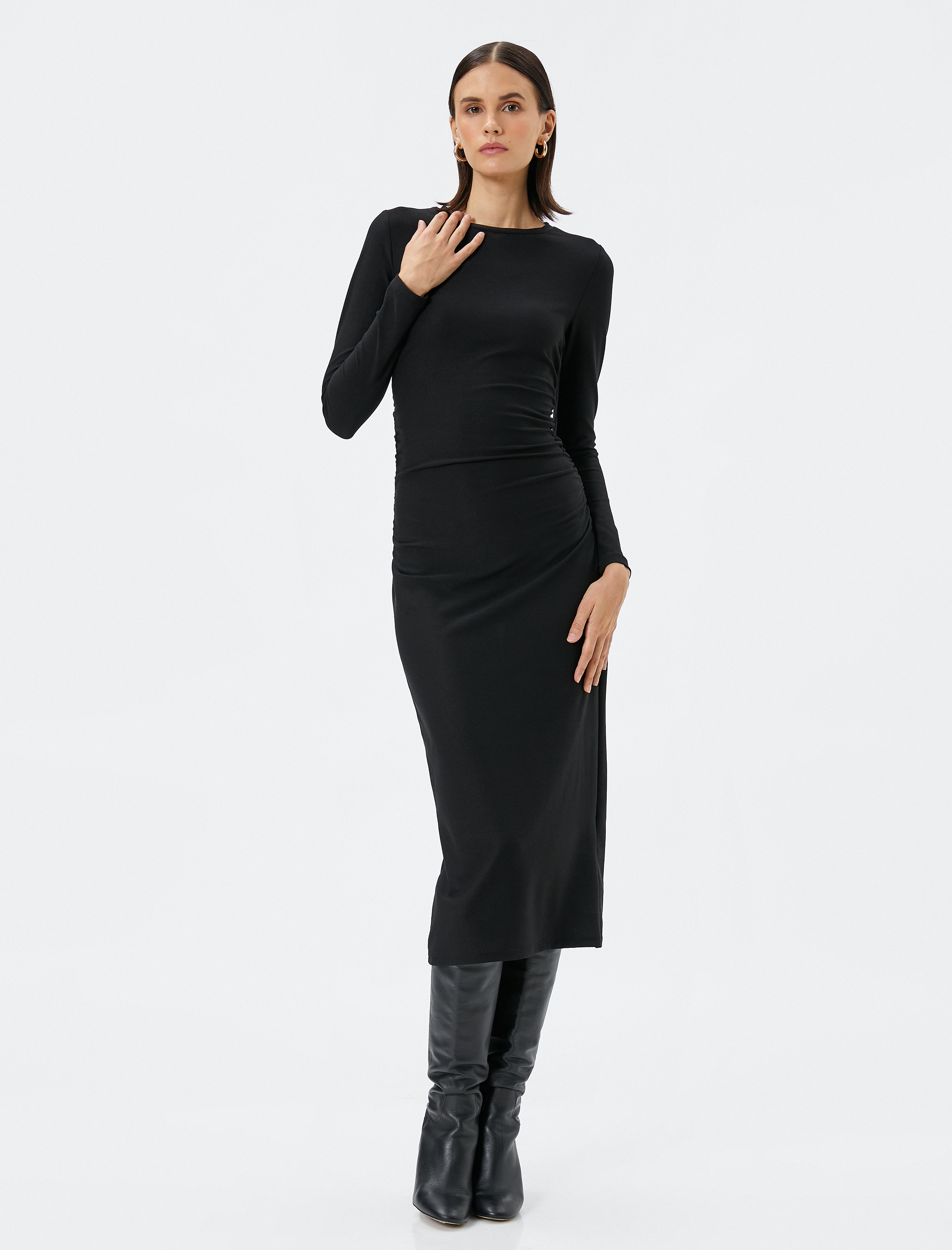   Midi Kalem Elbise Uzun Kollu Bisiklet Yaka Slim Fit