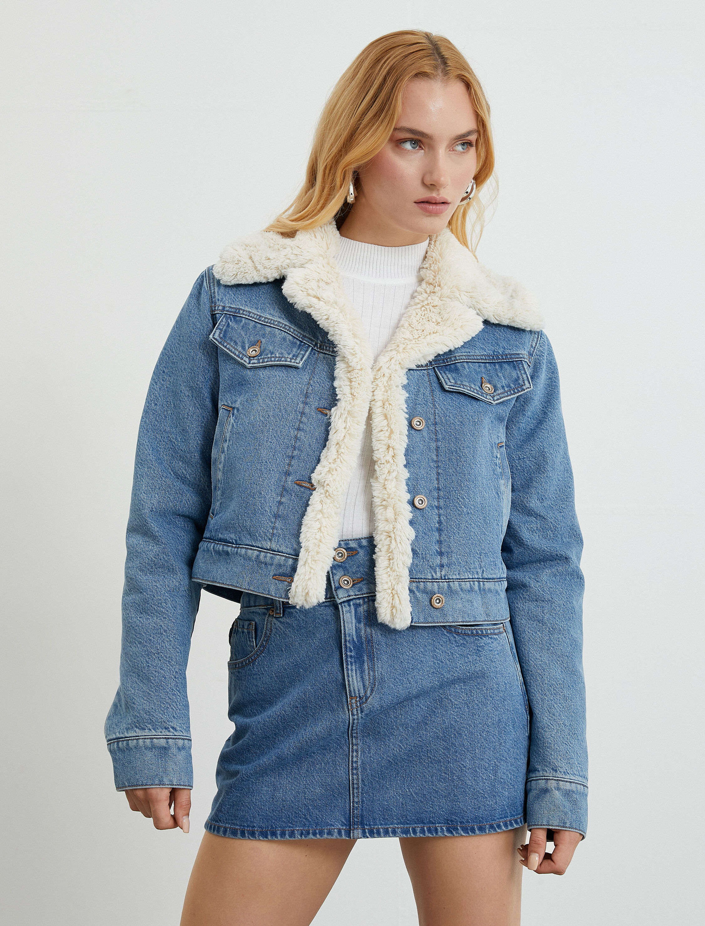   Kot Ceket Suni Kürk Yaka Astarlı Cepli