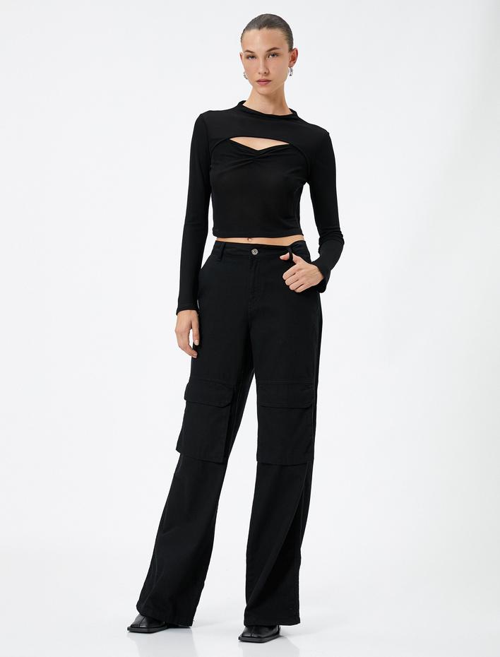  Crop Body Uzun Kollu Pencere Detaylı Drapeli