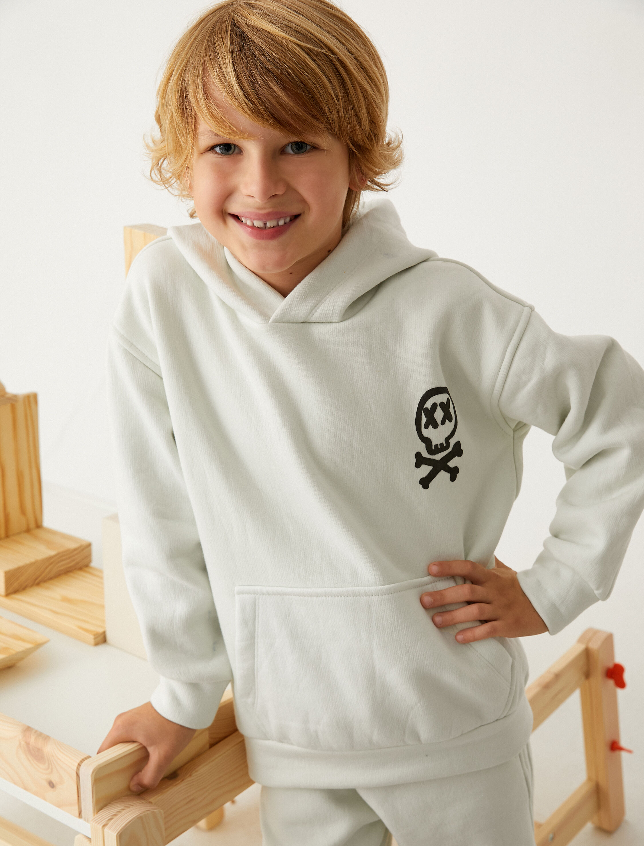 Erkek Çocuk Basic Kapşonlu Sweatshirt Kanguru Cepli Pamuklu Şardonlu