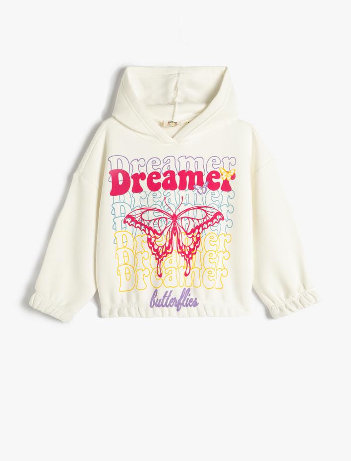 Kız Çocuk Sweatshirt Kapşonlu Kelebek Baskılı Pamuklu Şardonlu