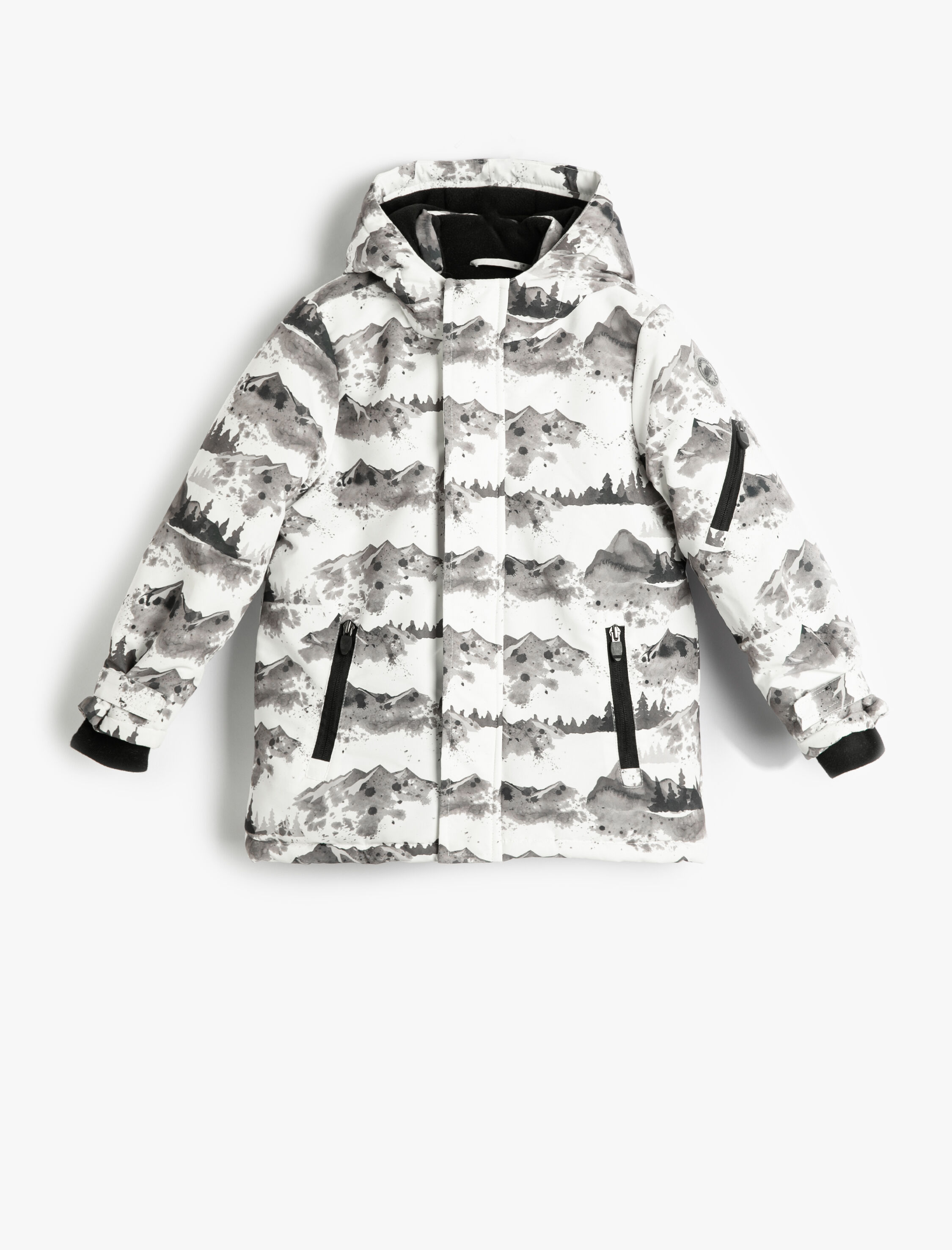  Erkek Çocuk Kapşonlu Şişme Mont Polar Astarlı Baskılı Lastik Manşetli Rüzgar Kapaklı Fermuar Detaylı