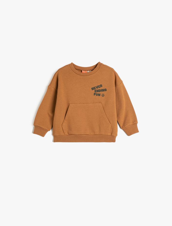 Erkek Bebek Sweatshirt Bisiklet Yaka Uzun Kollu Kanguru Cepli Baskılı Şardonlu Pamuklu