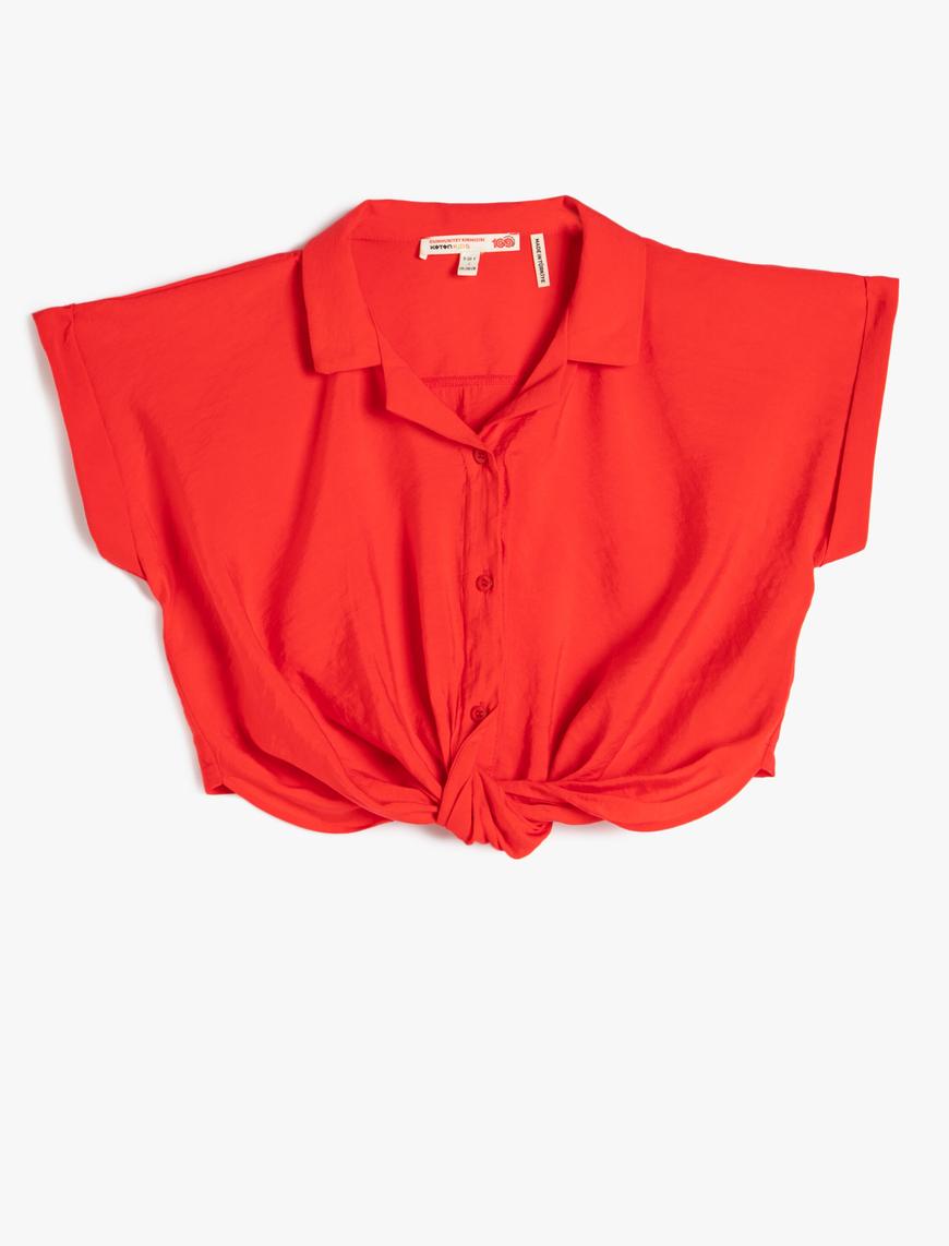  Kız Çocuk Crop Bluz Kısa Kollu Gömlek Yaka Önden Bağlamalı Modal Kumaş