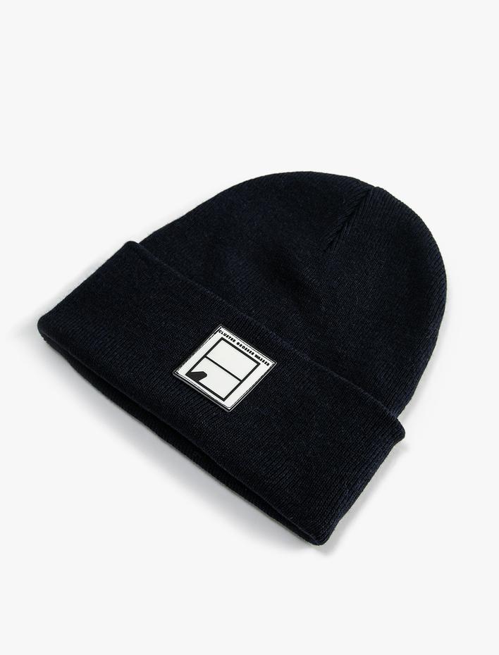 Erkek Örgü Bere Katlamalı Etiket İşlemeli