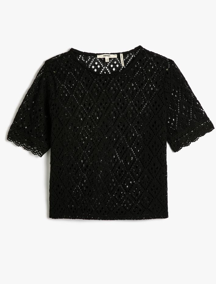  Ajurlu Tişört Kısa Kollu Bisiklet Yaka Örgü