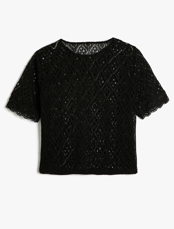  Ajurlu Tişört Kısa Kollu Bisiklet Yaka Örgü