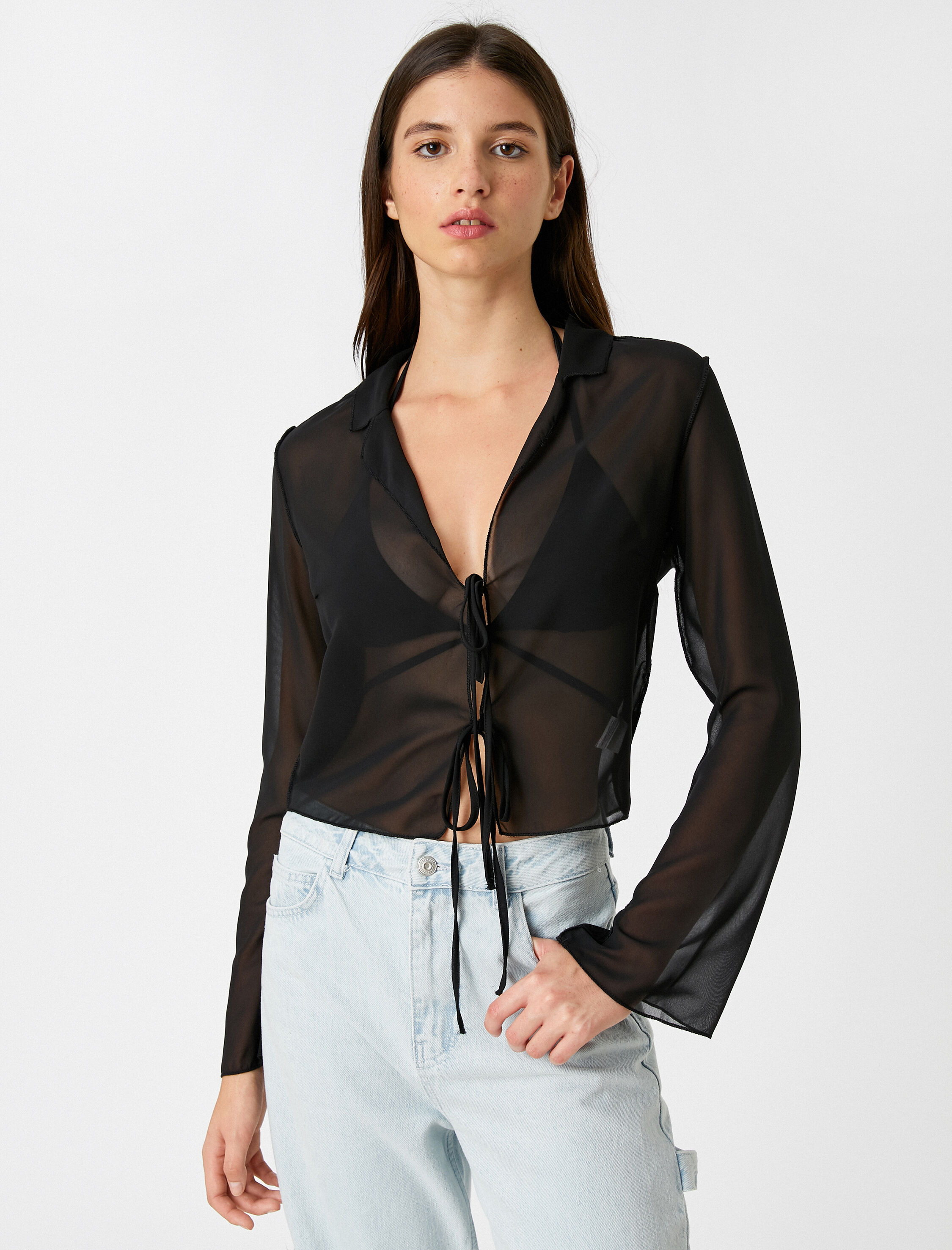   Crop Bluz Uzun Kollu Bağlama Detaylı