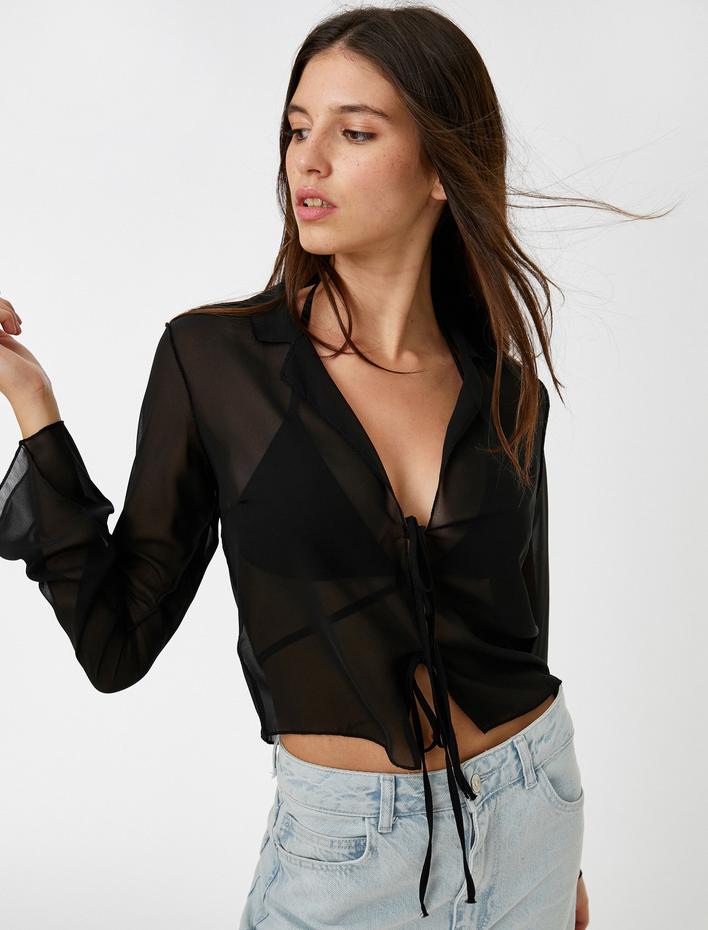  Crop Bluz Uzun Kollu Bağlama Detaylı