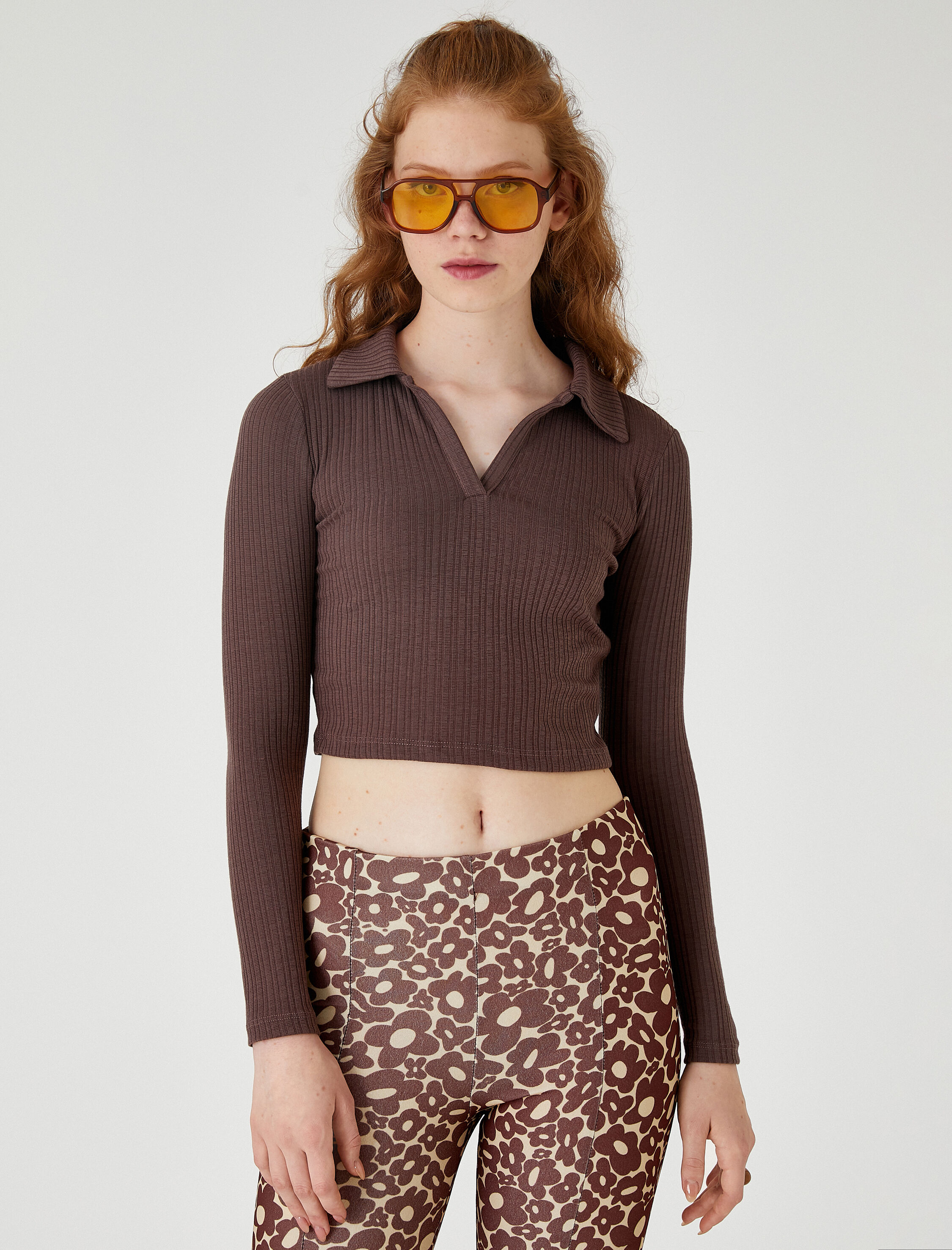   Uzun Kollu Tişört Polo Yaka Crop Basic