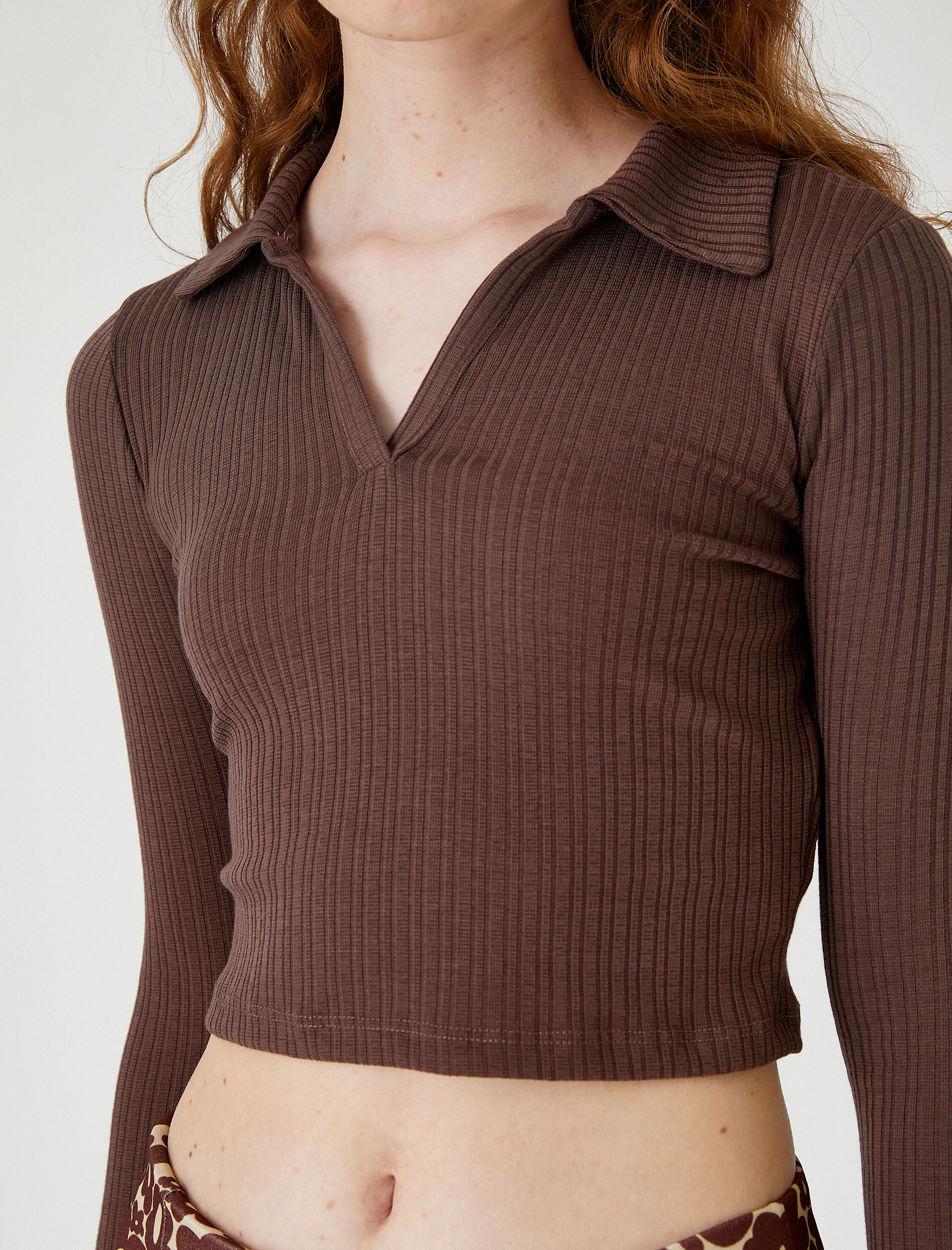   Uzun Kollu Tişört Polo Yaka Crop Basic