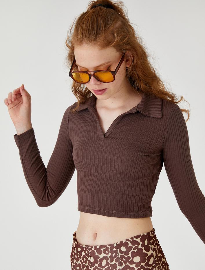  Uzun Kollu Tişört Polo Yaka Crop Basic