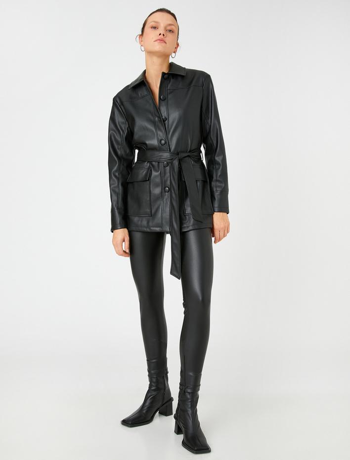  Suni Deri Yırtmaç Detaylı Skinny Pantolon