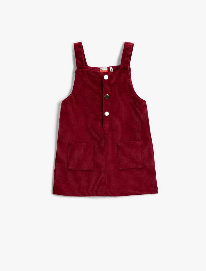 Kız Bebek Kadife Salopet Elbise Fitilli Düğmeli Cepli