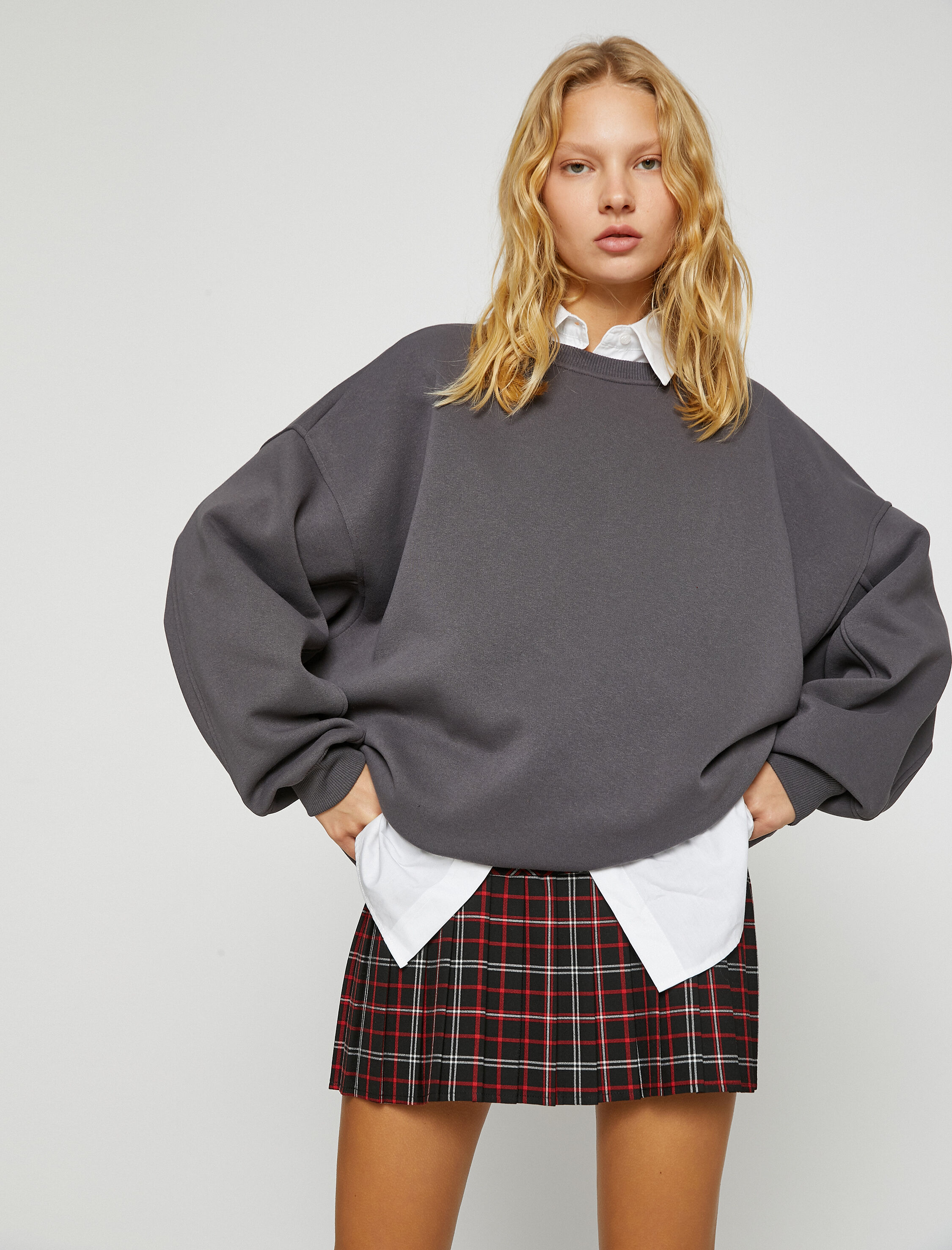 Bisiklet Yaka Sweatshirt Oversize Uzun Kollu İçi Polarlı