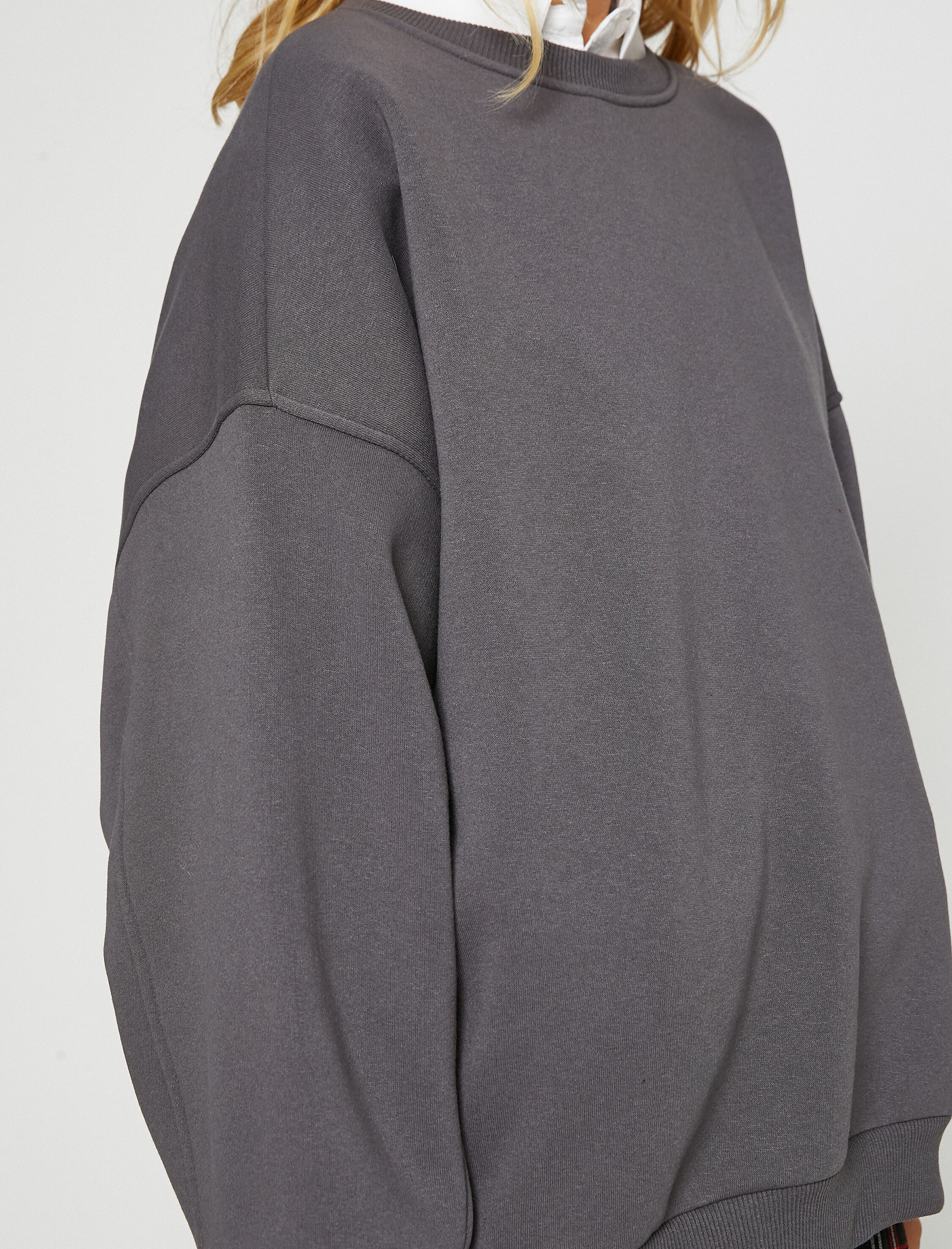 Bisiklet Yaka Sweatshirt Oversize Uzun Kollu İçi Polarlı