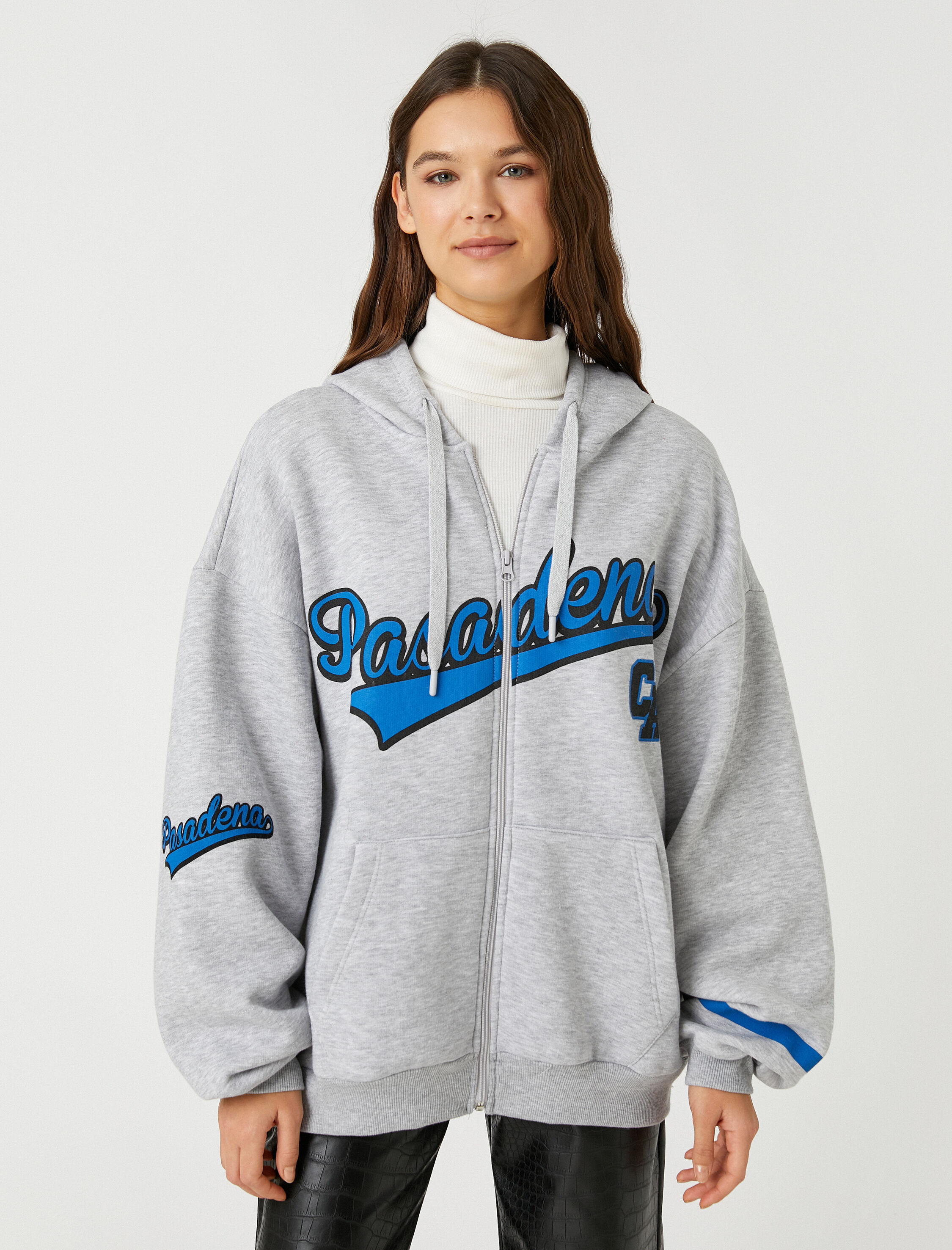   Şardonlu Kolej Sweatshirt Kapüşonlu Oversize Fermuarlı Baskılı Cep Detaylı