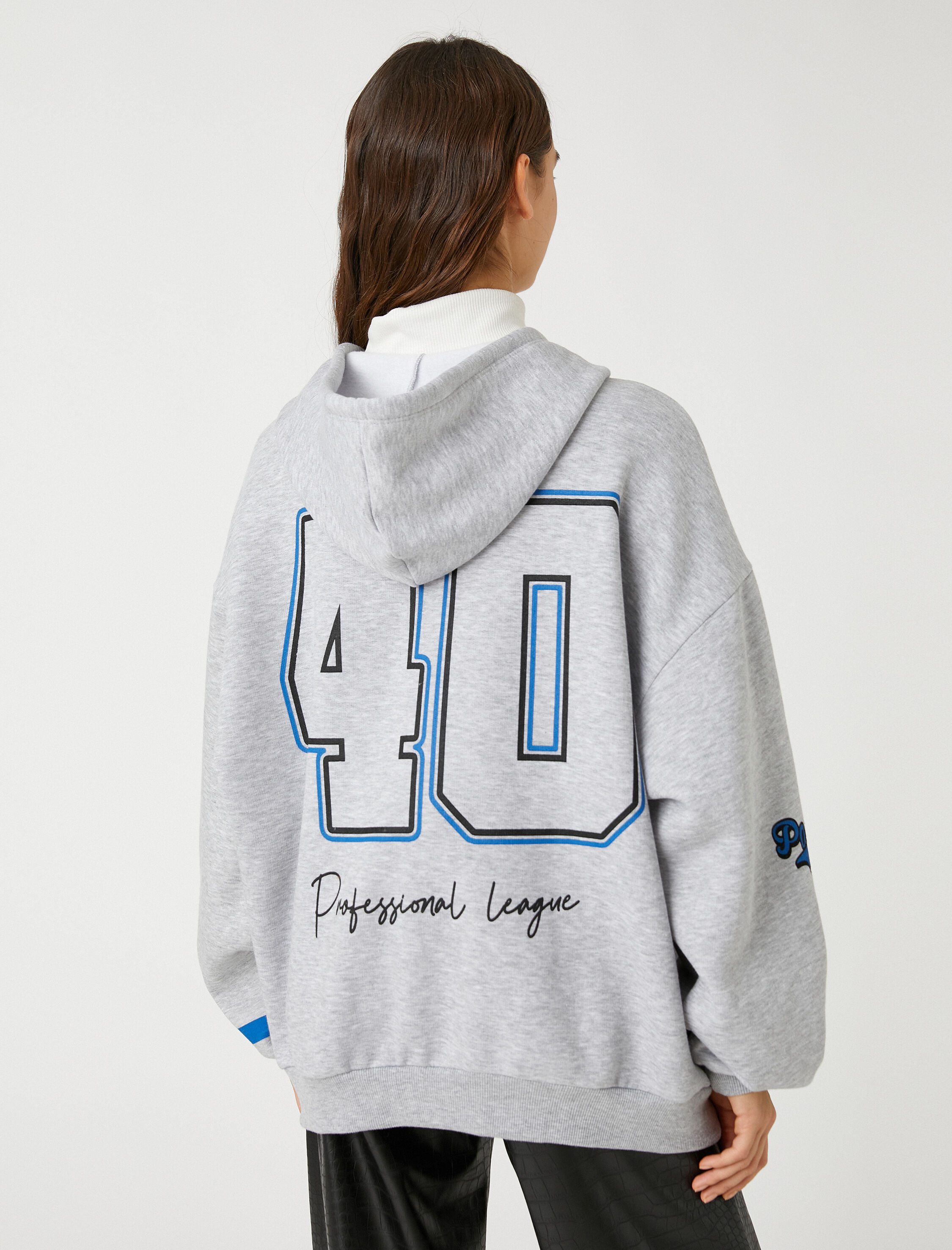   Şardonlu Kolej Sweatshirt Kapüşonlu Oversize Fermuarlı Baskılı Cep Detaylı