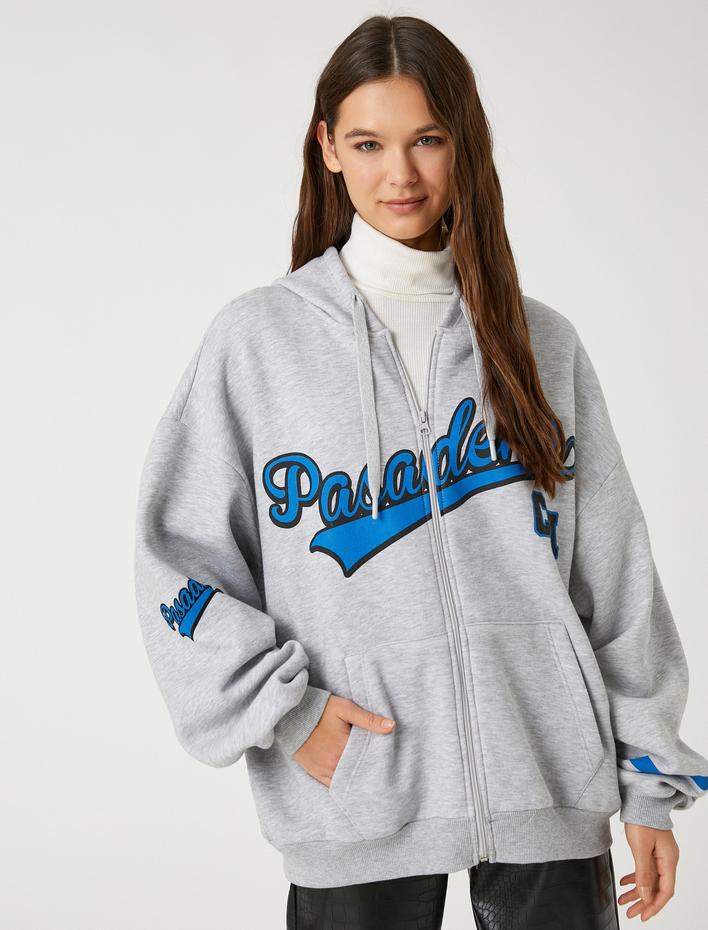  Şardonlu Kolej Sweatshirt Kapüşonlu Oversize Fermuarlı Baskılı Cep Detaylı