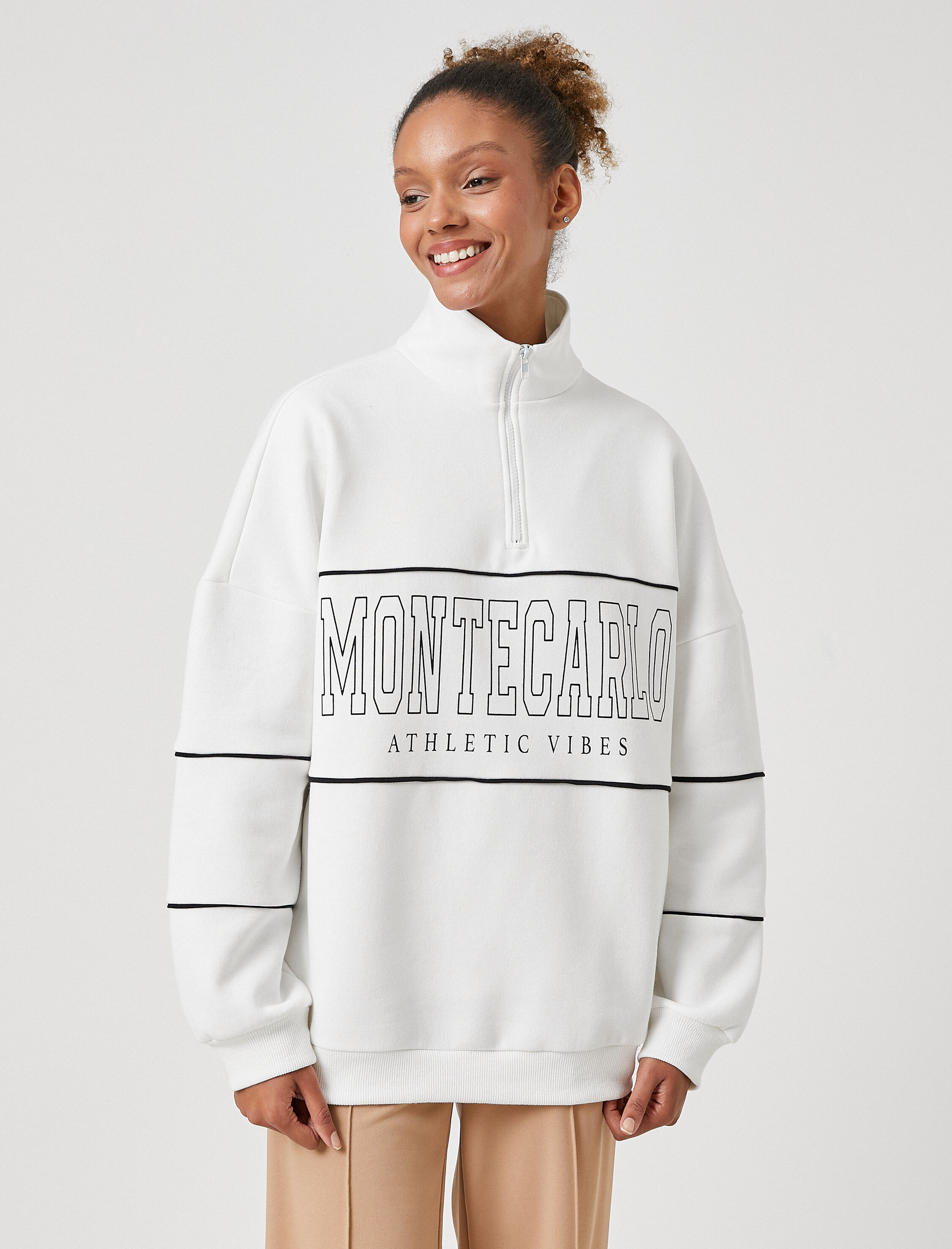   Şardonlu Oversize Sweatshirt Dik Yaka Fermuar Detaylı Uzun Kollu