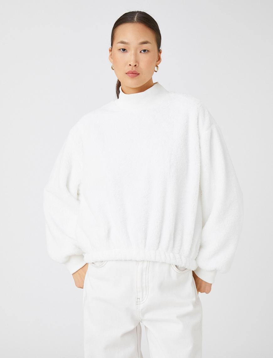   Oversize Peluş Sweatshirt Balıkçı Yaka Beli Lastikli