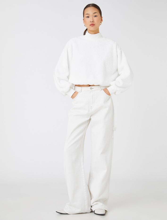  Oversize Peluş Sweatshirt Balıkçı Yaka Beli Lastikli