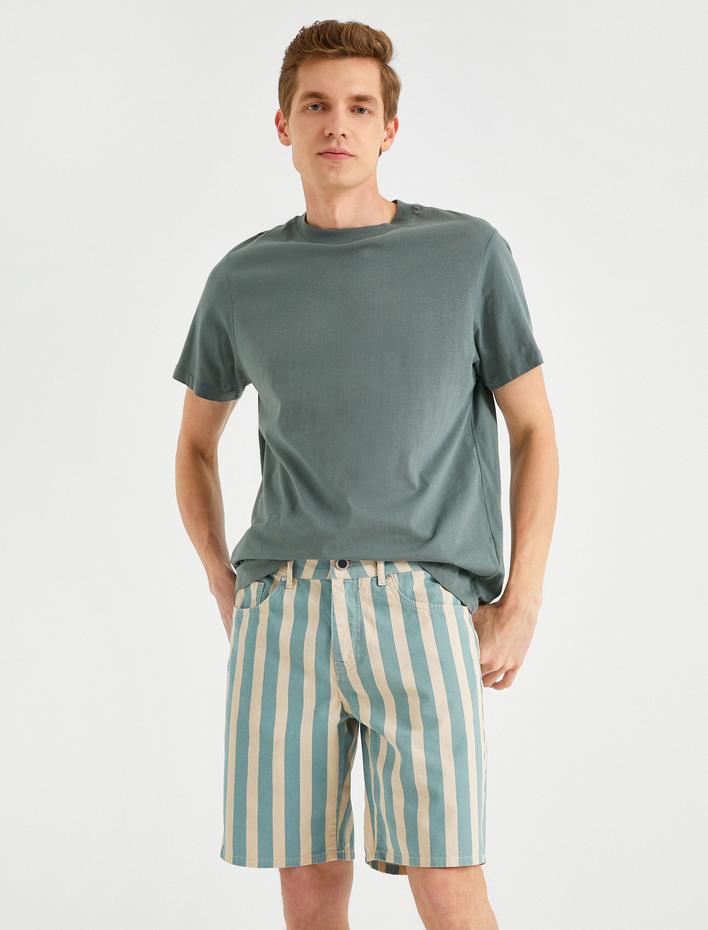  Çizgili Kot Şort Cepli