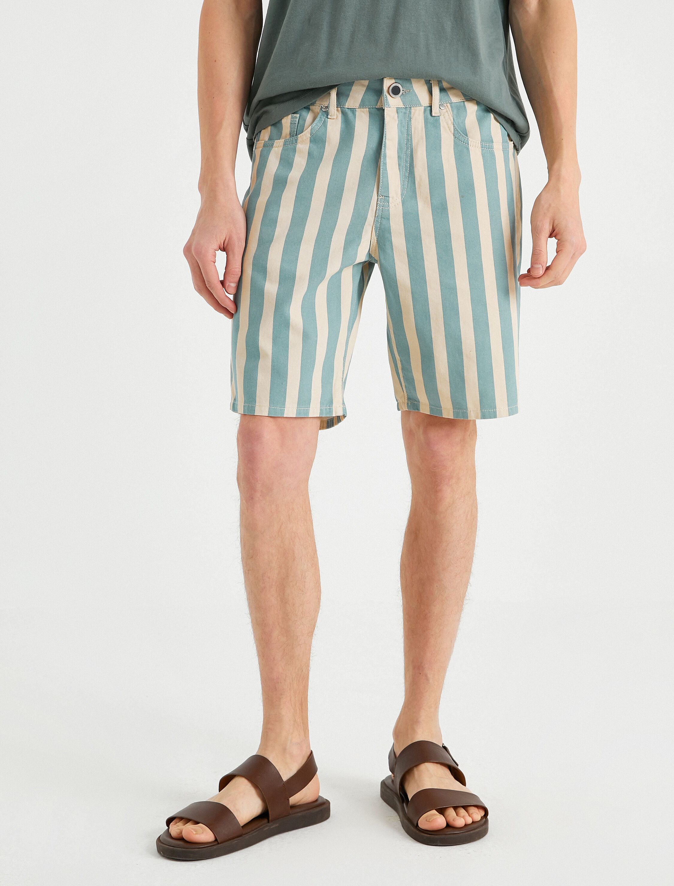   Çizgili Kot Şort Cepli