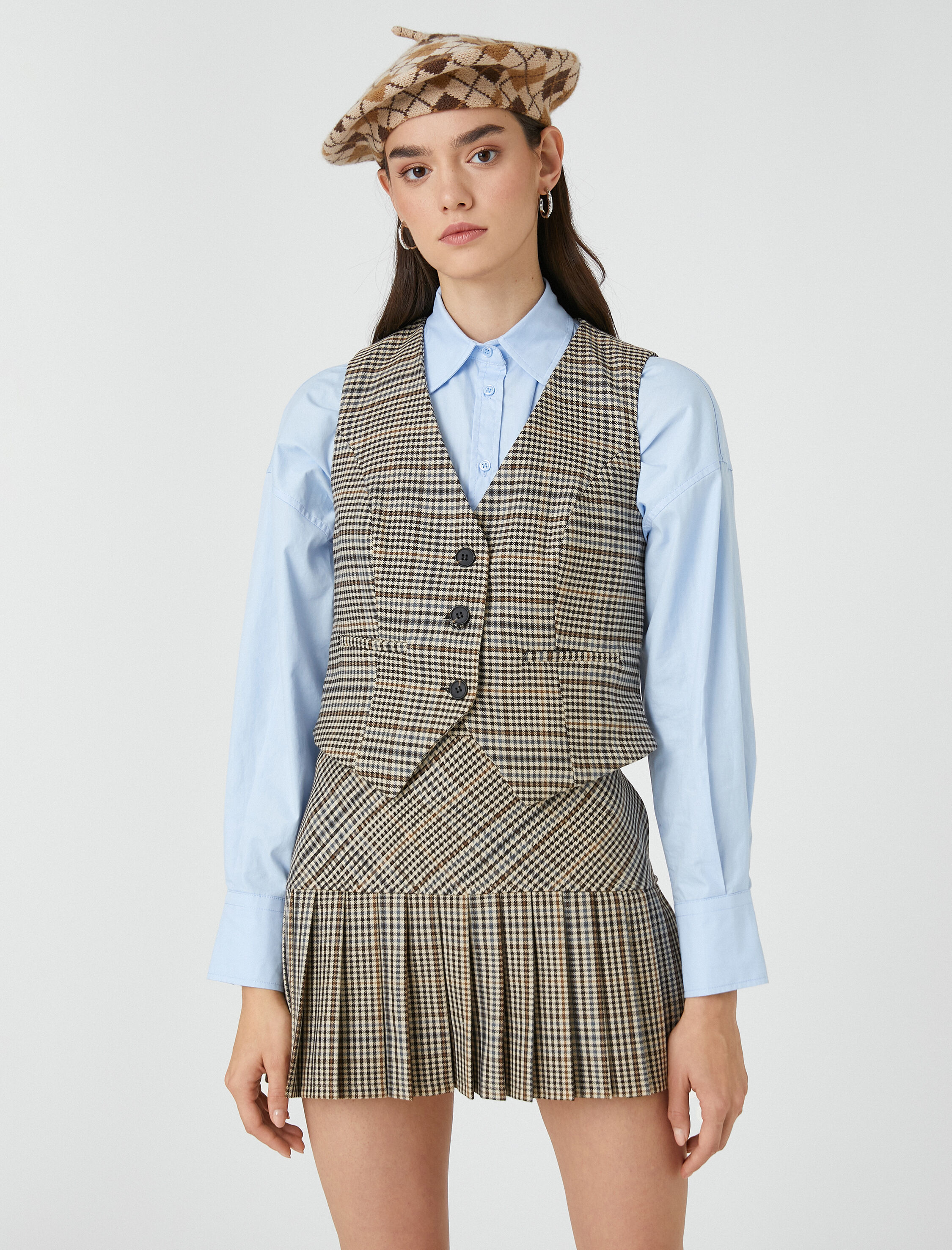 Ekoseli Düğmeli Blazer Yelek