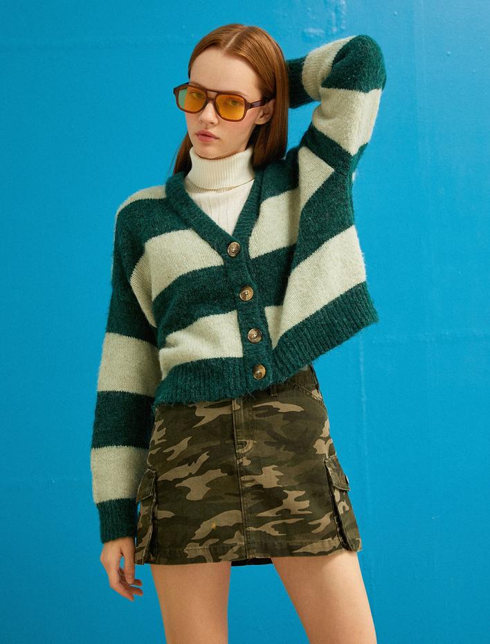  Çizgili Hırka V Yaka Düğmeli Uzun Kollu