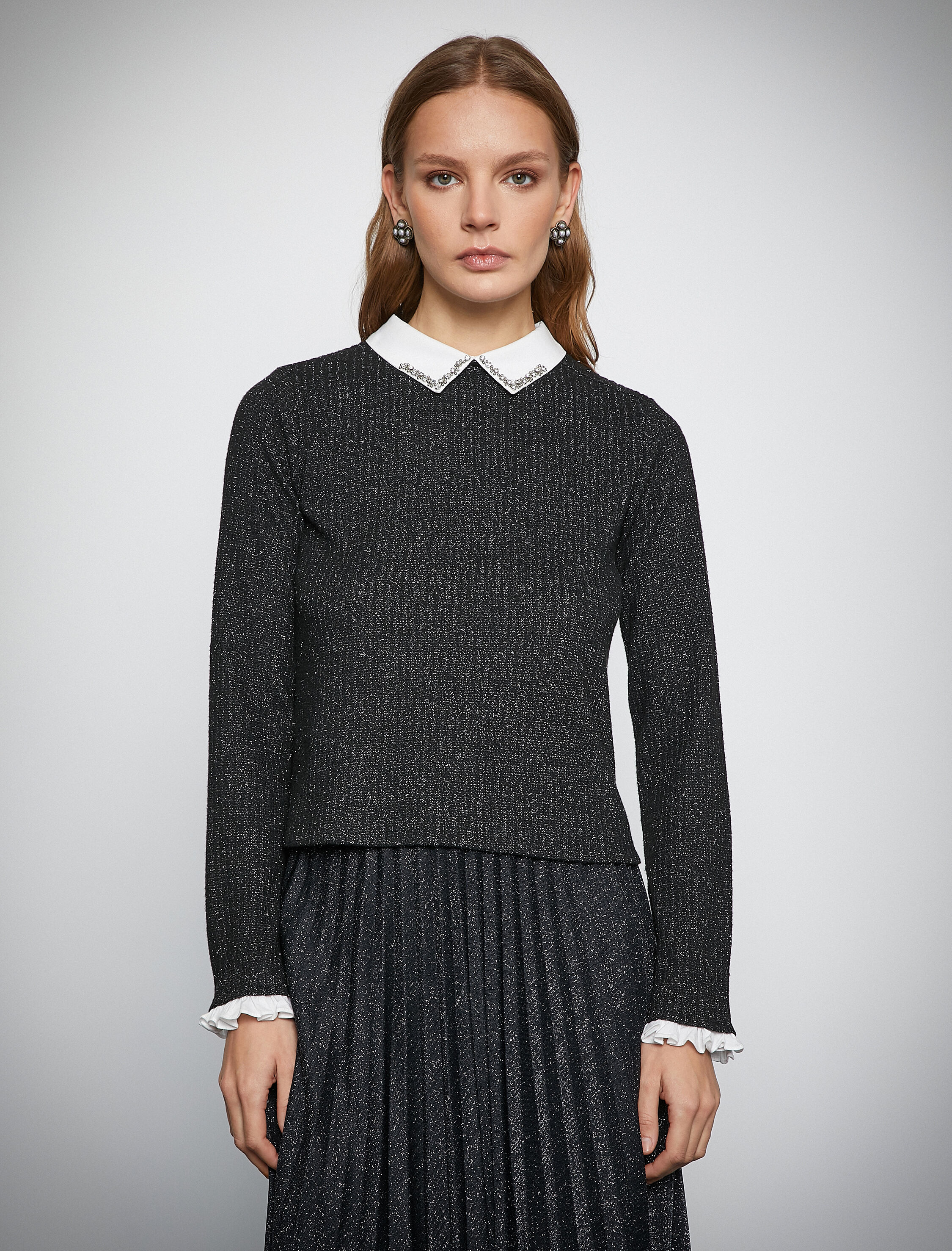   Melis Ağazat X Koton - Taşlı Gömlek Yaka Simli Tişört