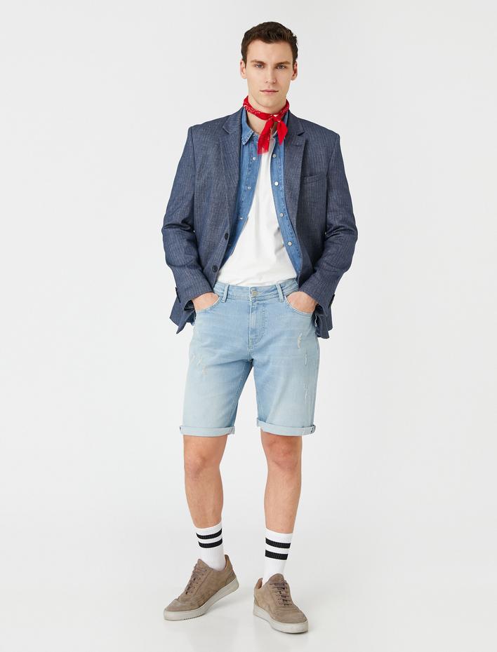  Yırtık Kot Şort Katlı Paça Detaylı Cepli Düğmeli